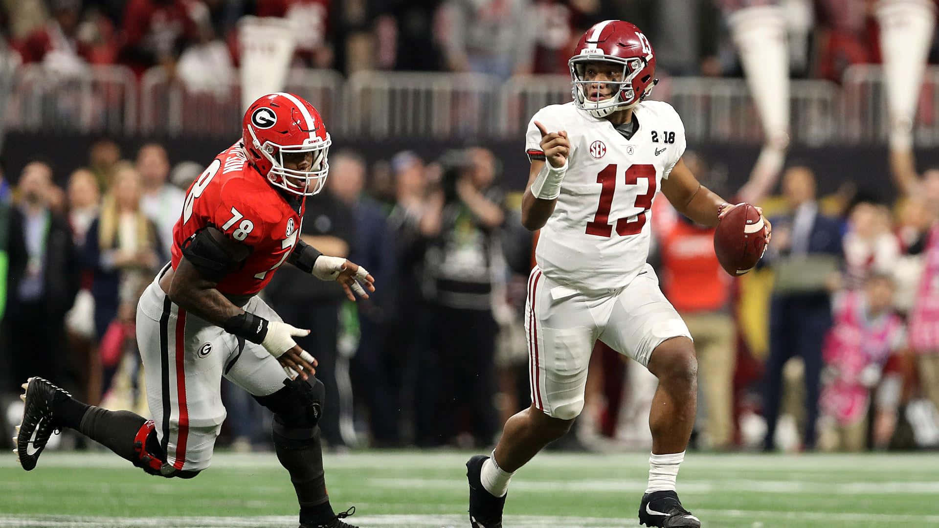 Tua Tagovailoa, white jersey number 13, red jersey defender number 78, Full HD Desktop Wallpaper