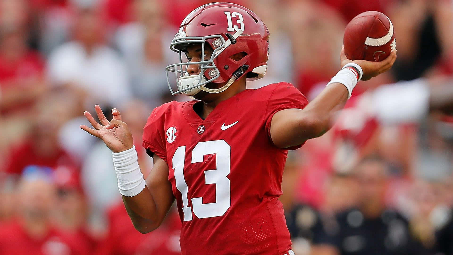 Tua Tagovailoa, red jersey, number 13, Full HD Desktop Wallpaper