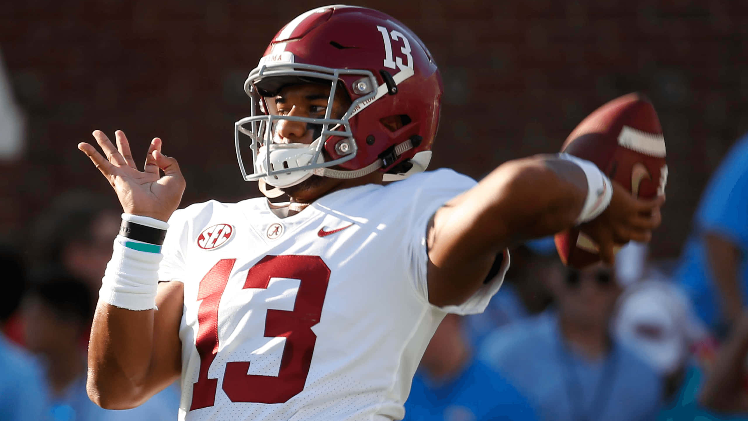 Tua Tagovailoa, white and crimson uniform, number 13, 2K Desktop Wallpaper