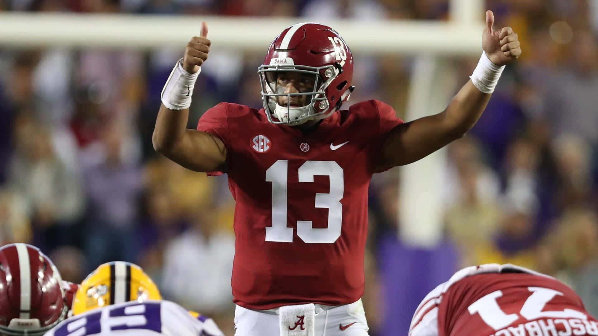 Tua Tagovailoa, crimson jersey, number 13, Full HD Desktop Wallpaper