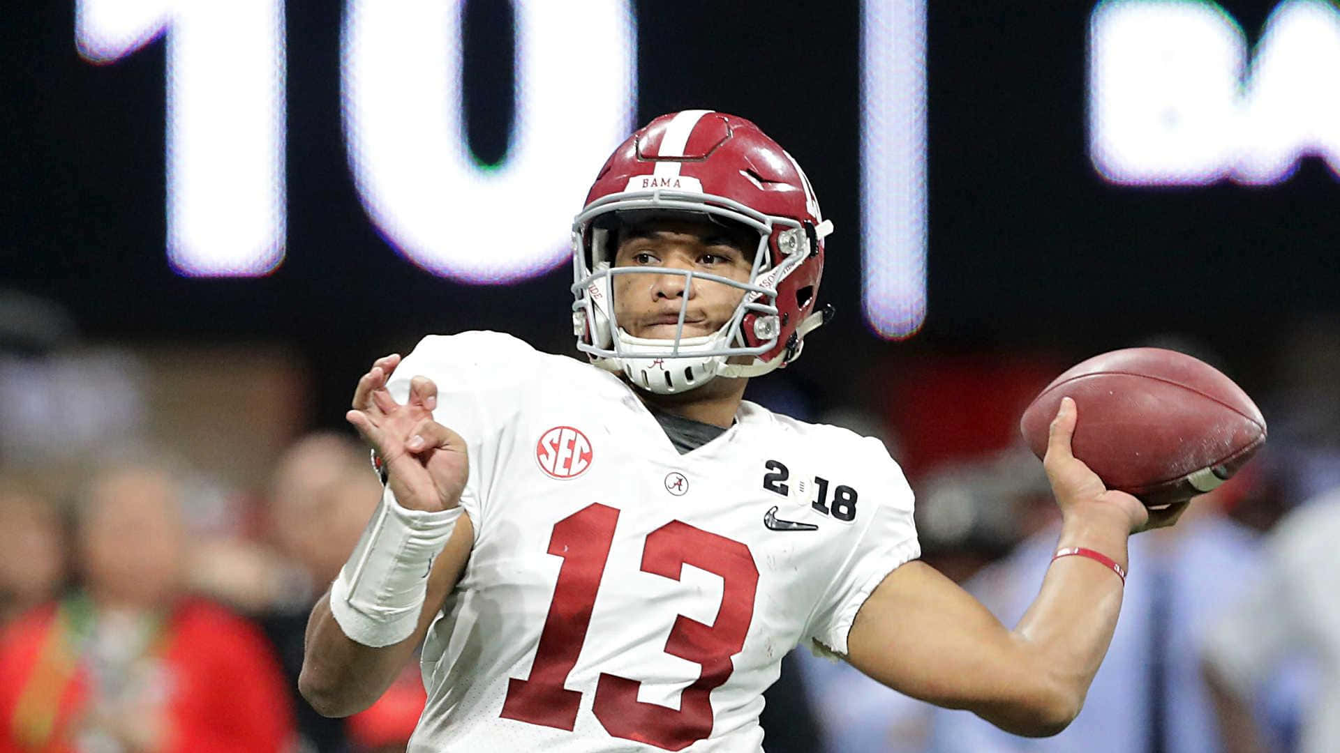 Tua Tagovailoa, white and crimson uniform, stadium lights, Full HD Desktop Wallpaper