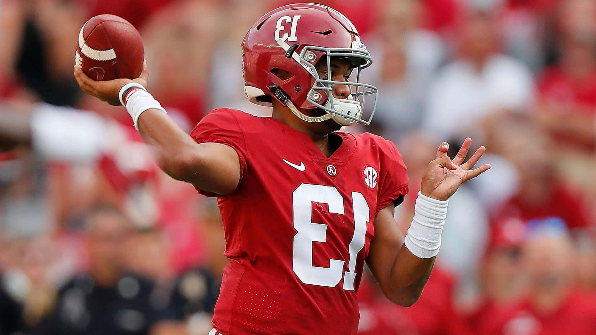 Tua Tagovailoa, red Alabama jersey, football quarterback, Full HD Desktop Wallpaper
