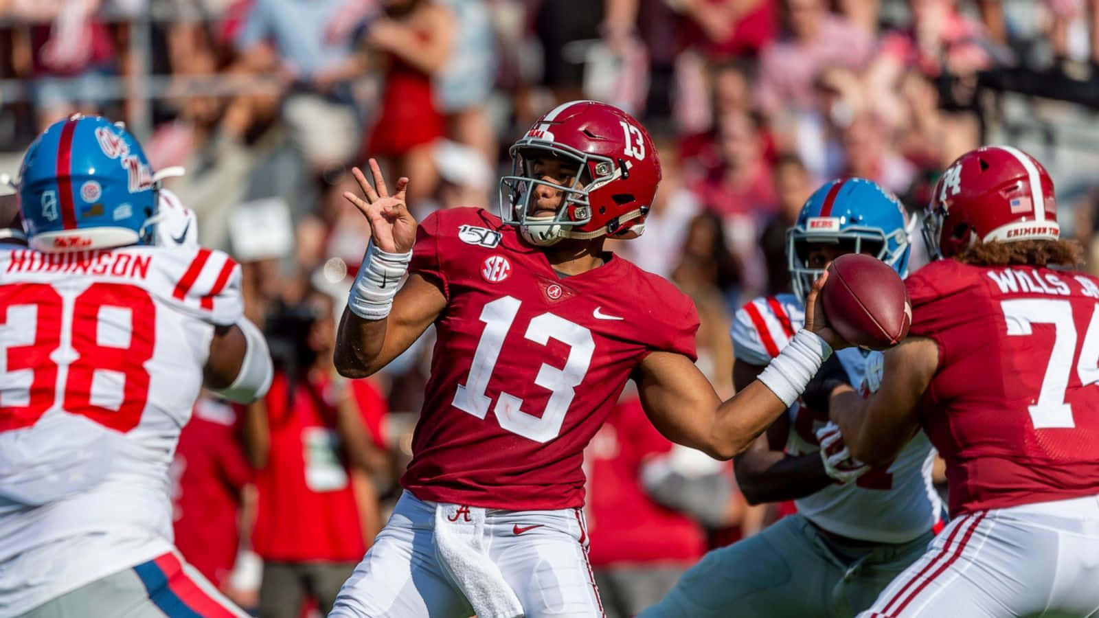 Tua Tagovailoa, red jersey, number 13, HD Desktop Wallpaper