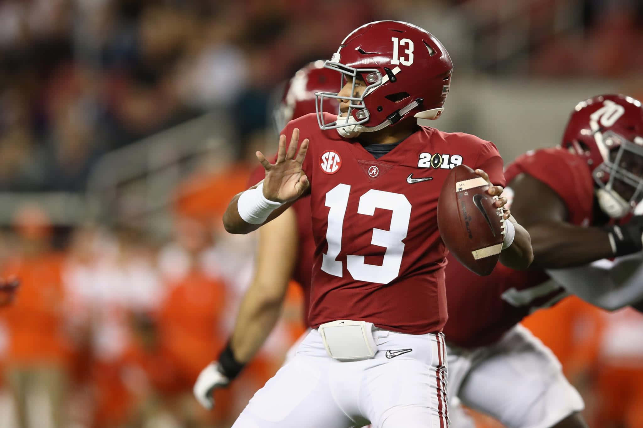 Tua Tagovailoa, red jersey, number 13, Full HD Desktop Wallpaper