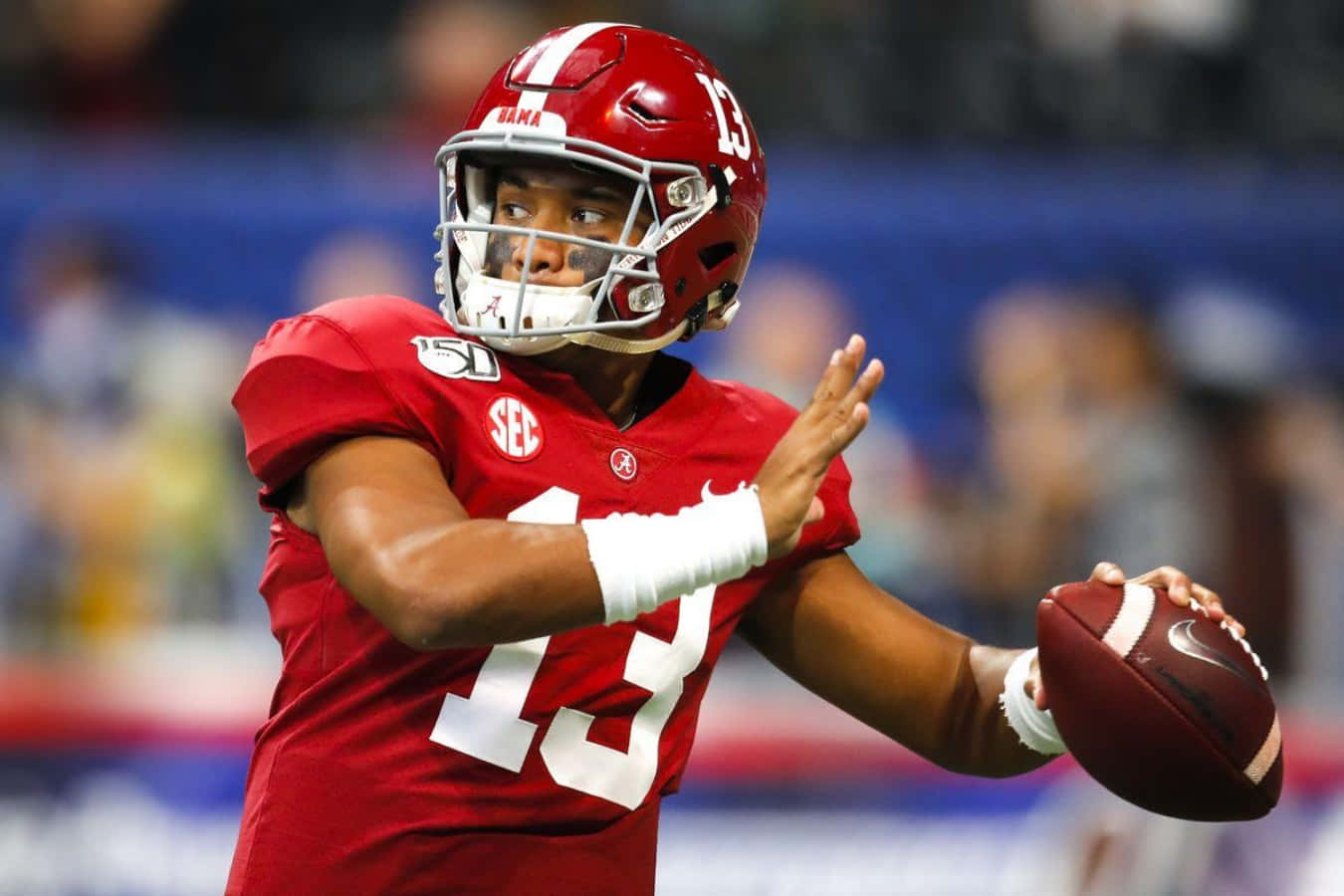 Tua Tagovailoa, red Alabama uniform, stadium lights, HD Desktop Wallpaper