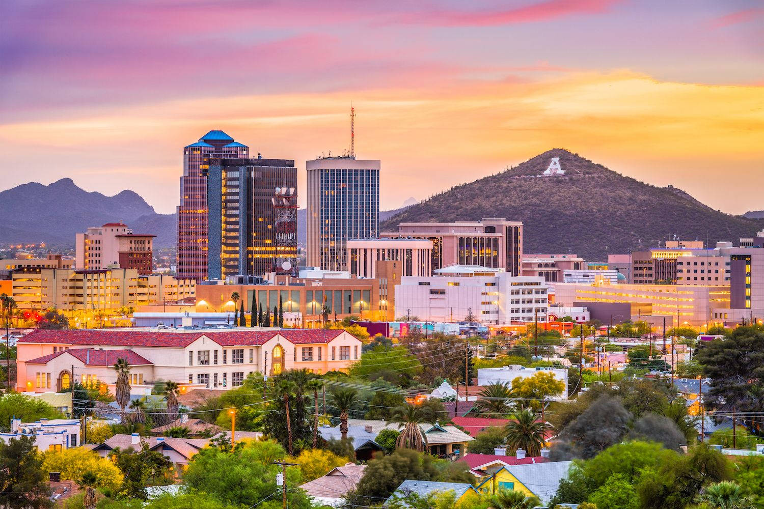 Tucson, sunset, modern skyscrapers, HD Desktop Wallpaper