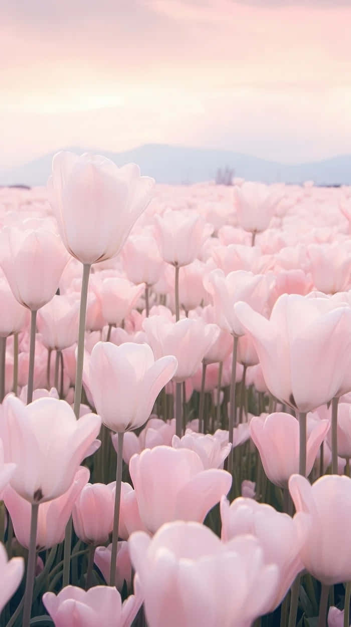 pastel tulip field, pink sky, hazy mountains, SD Phone Wallpaper