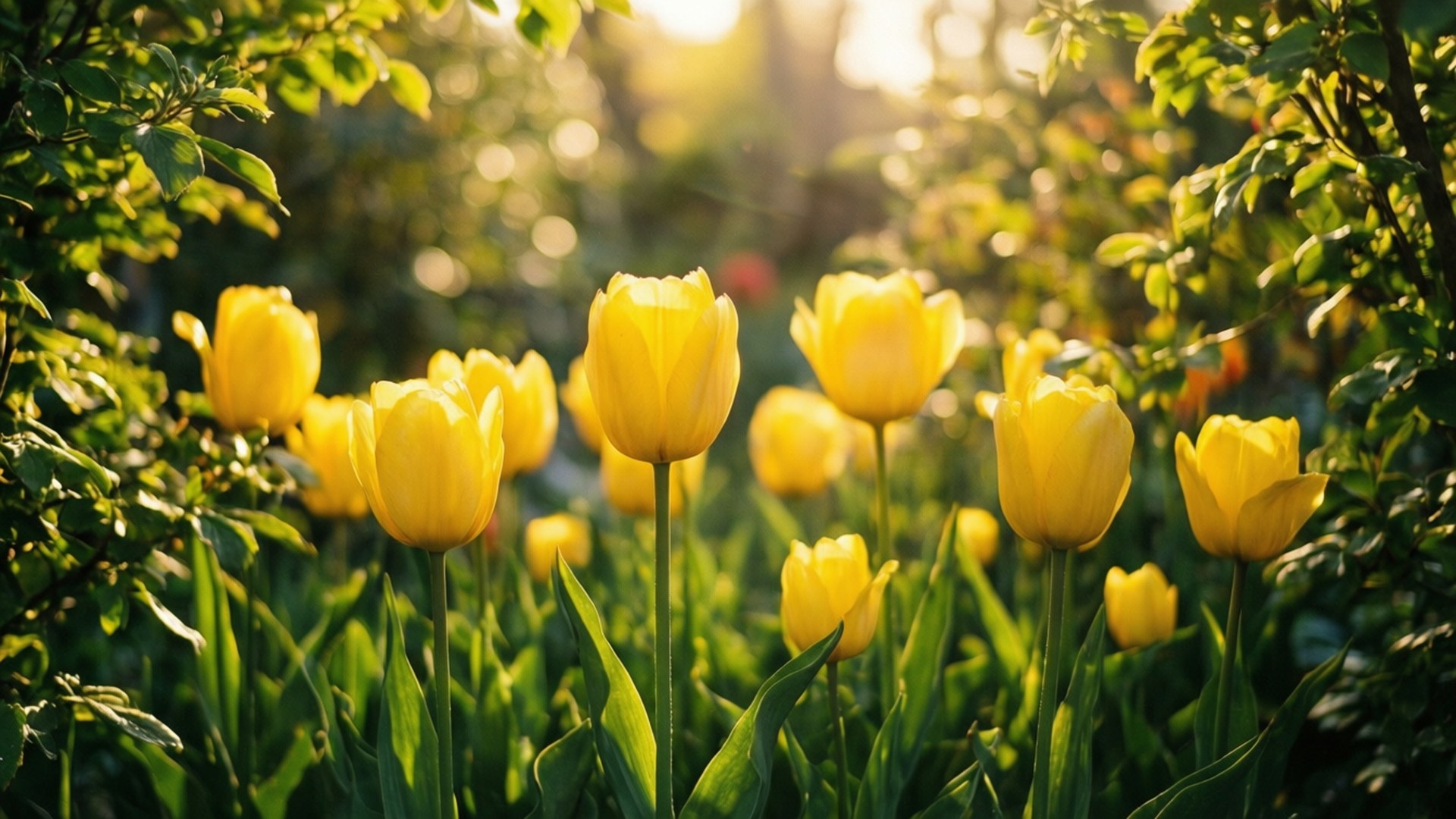 golden garden tulips, golden tulips, soft sunlight, Full HD Desktop Wallpaper