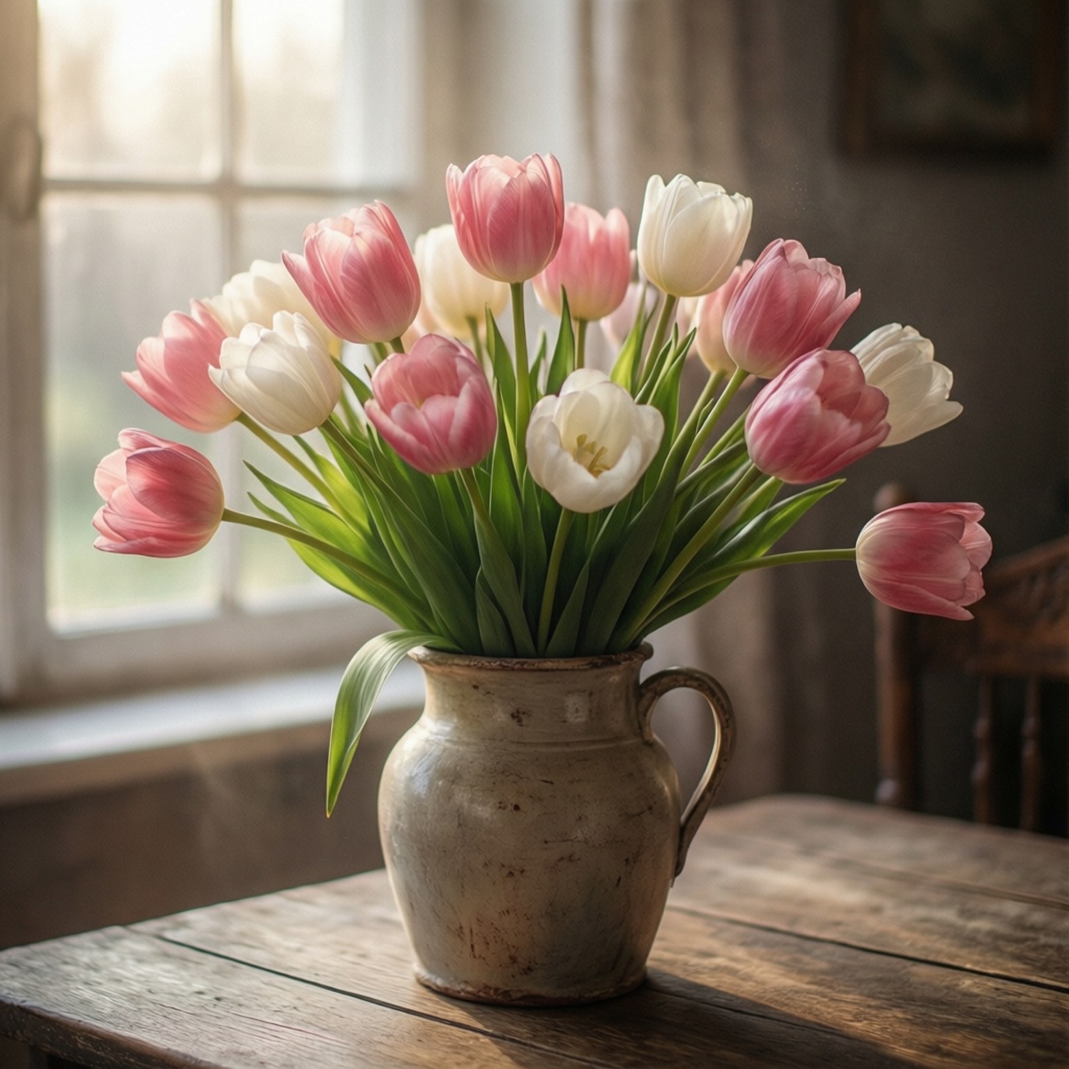 pink tulip bouquet, rustic ceramic jug, vibrant bouquet of pink and white tulips, HD Desktop Wallpaper