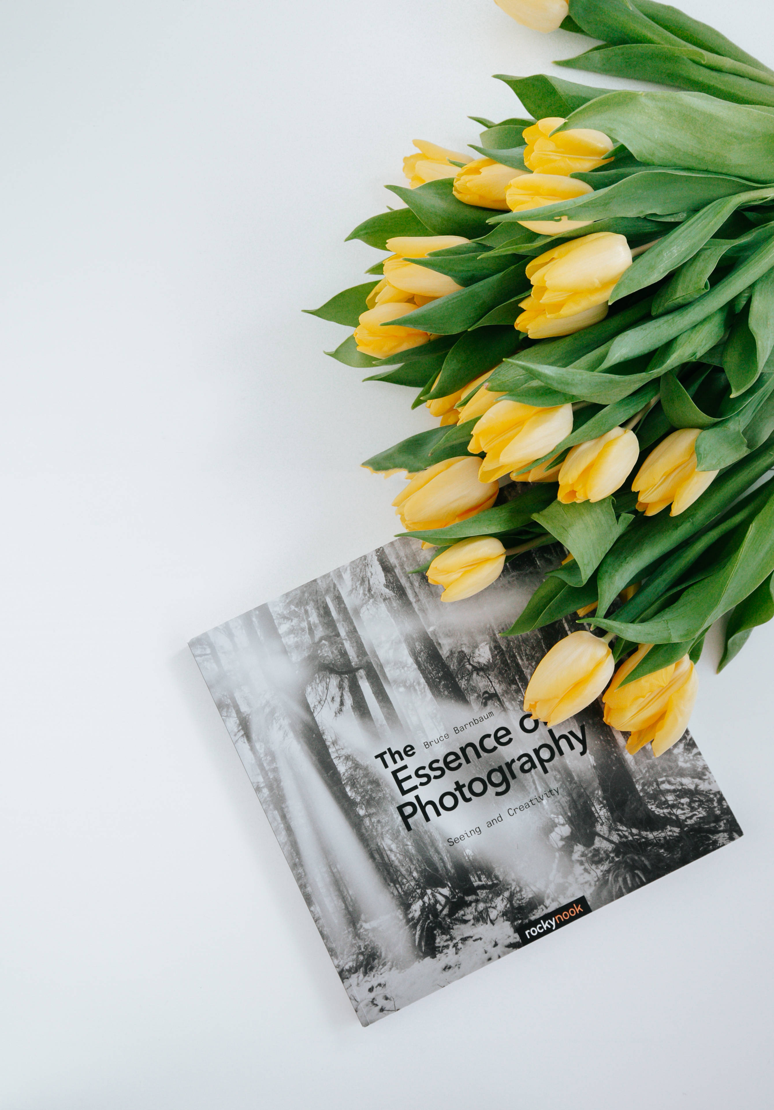 yellow tulips bouquet, black and white photography book, clean white surface, 2K Phone Wallpaper