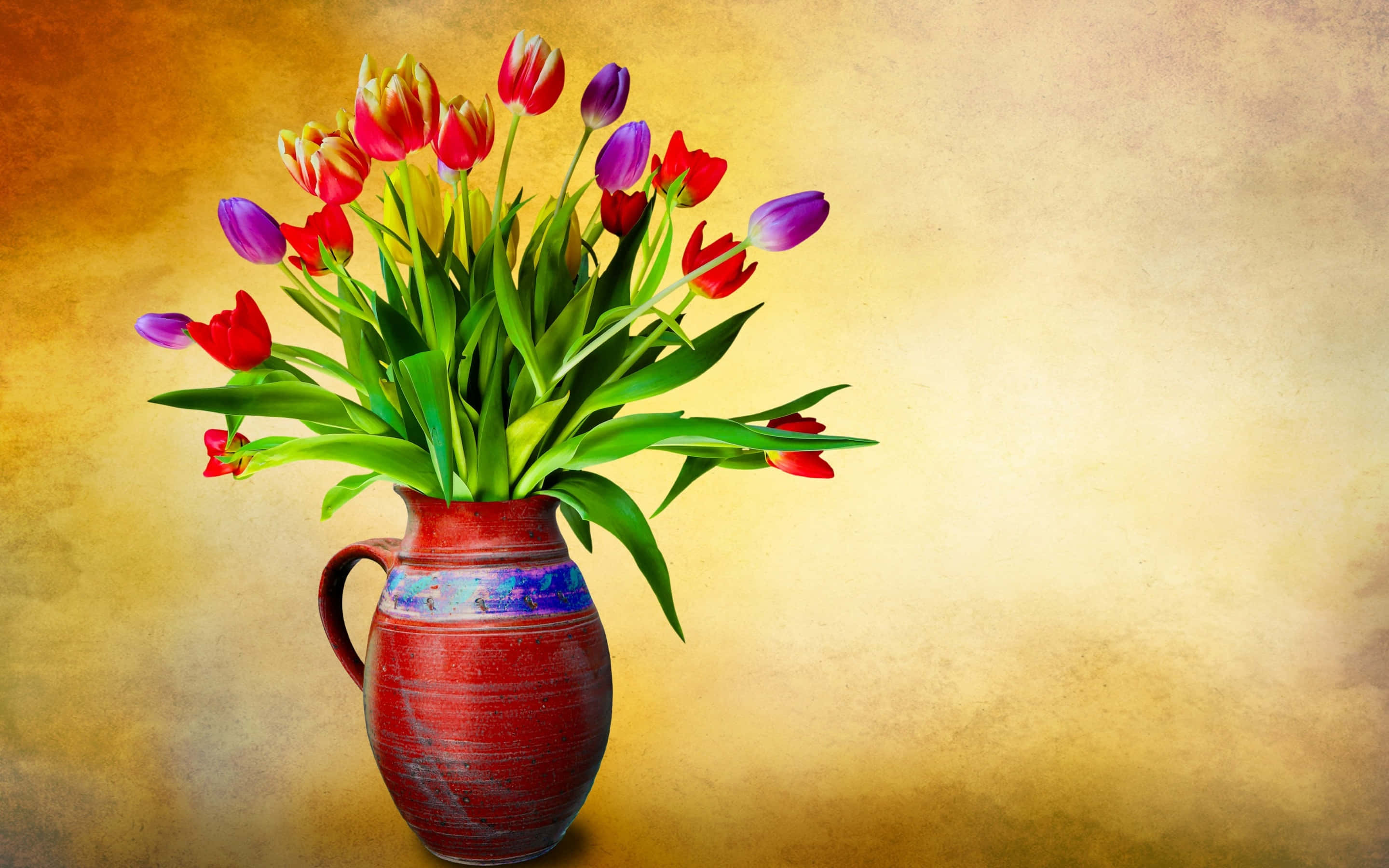 colorful tulips, red vase, rustic red ceramic vase, 2K Desktop Wallpaper