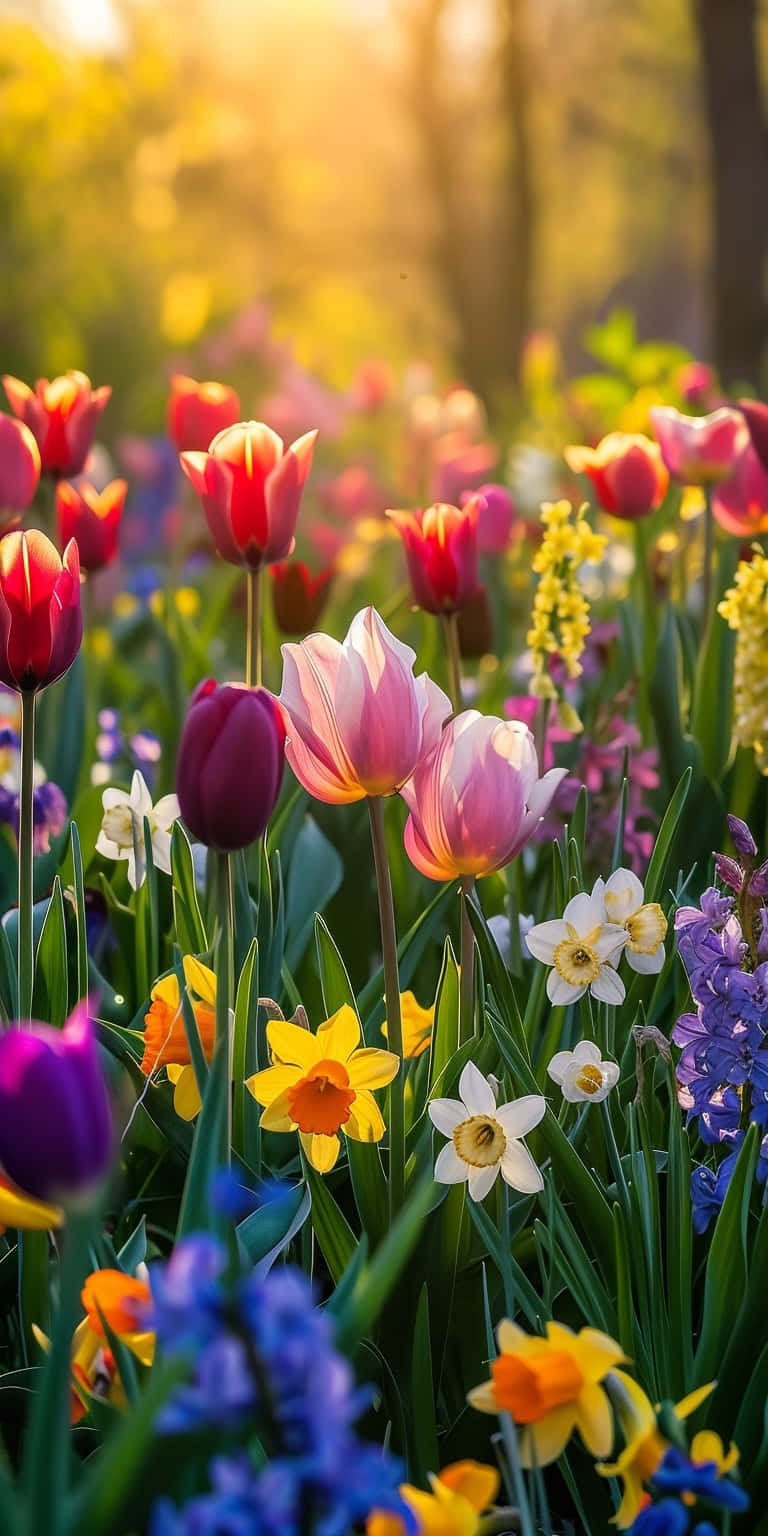 vibrant tulip garden, sunset, red pink purple and yellow tulips, HD Phone Wallpaper