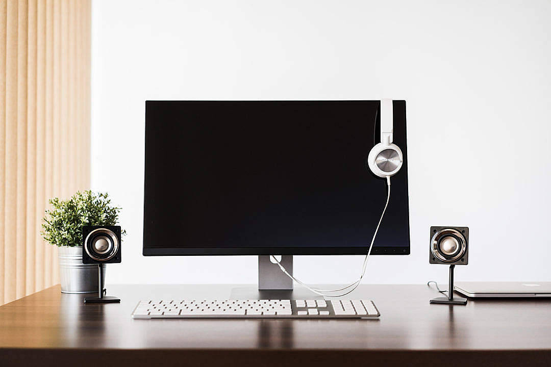 black and white workspace, minimalist home office, wooden desk, SD Desktop Wallpaper