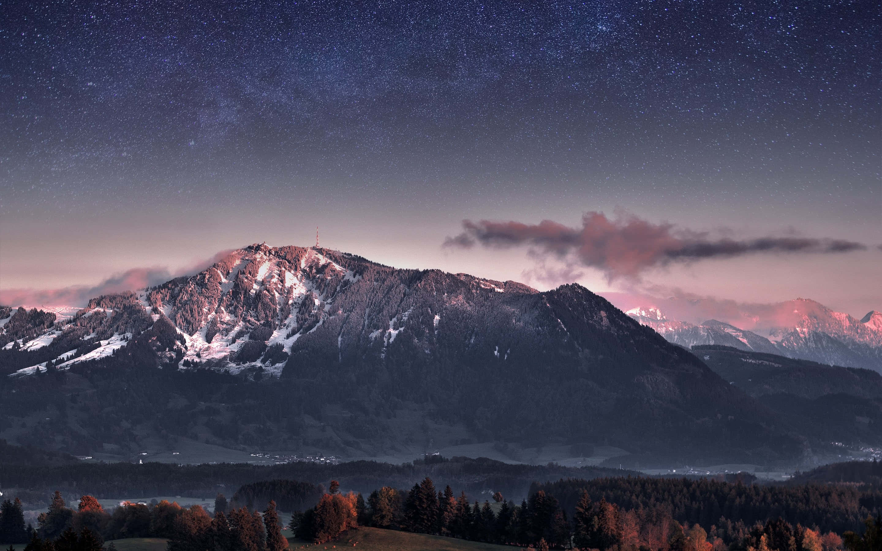 Starry Mountain, twilight sky, pink clouds, 2K Desktop Wallpaper