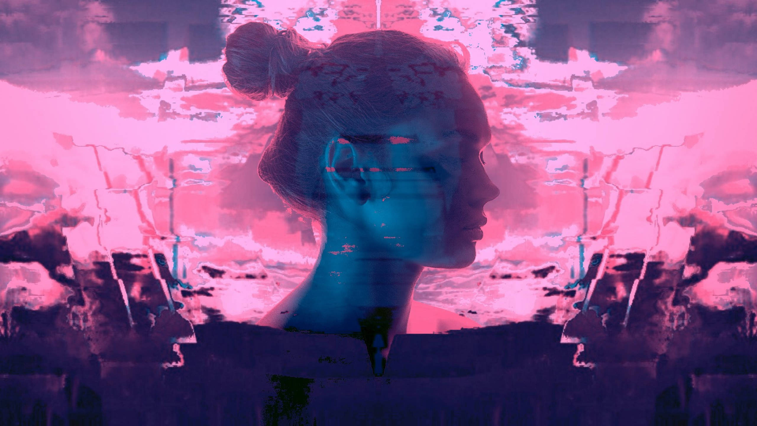 Smoke Purple Aesthetic, Tumblr Laptop, glitch-art portrait, 2K Desktop Wallpaper