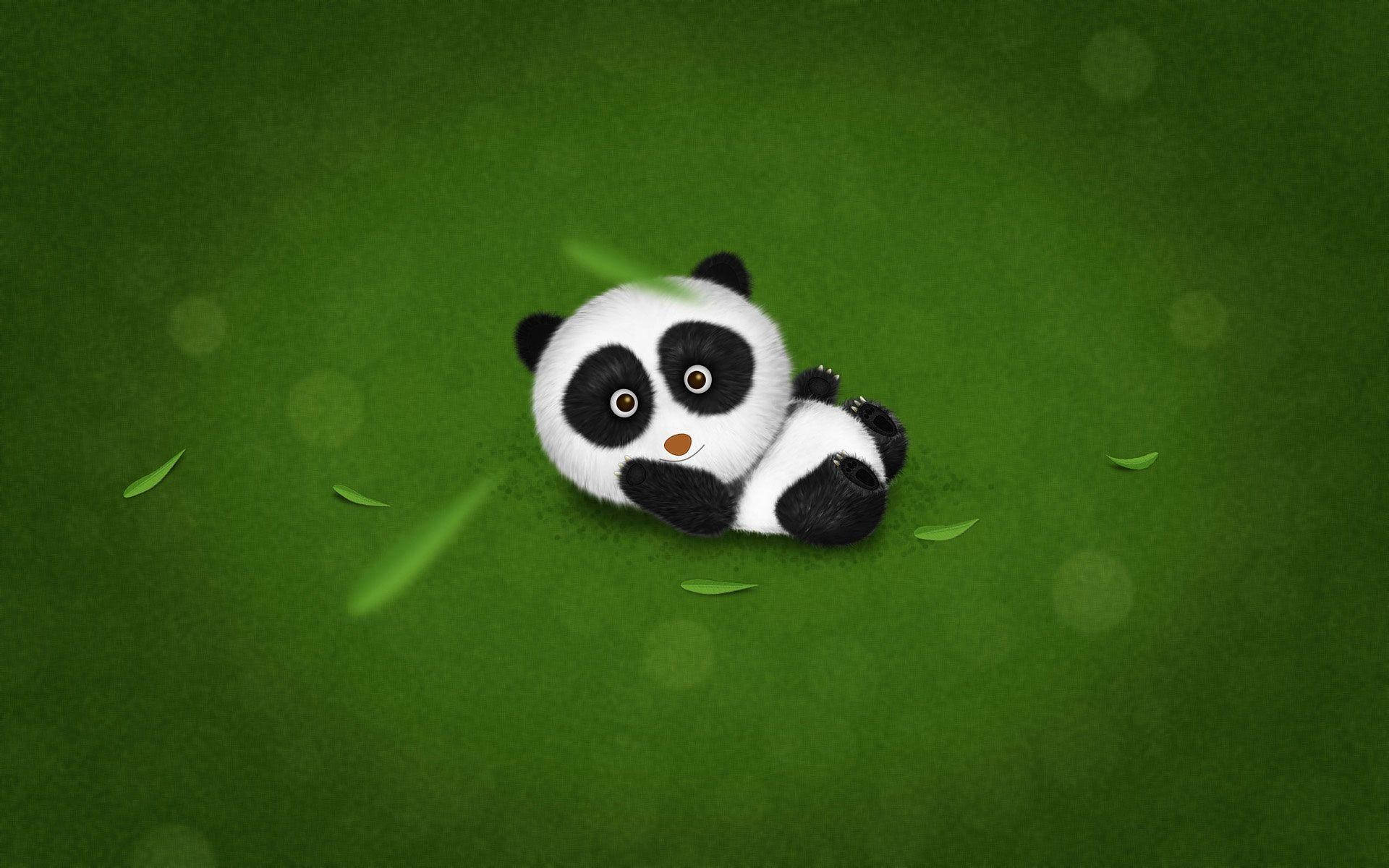 green baby panda, fluffy panda cub, vibrant green grass, Full HD Desktop Wallpaper