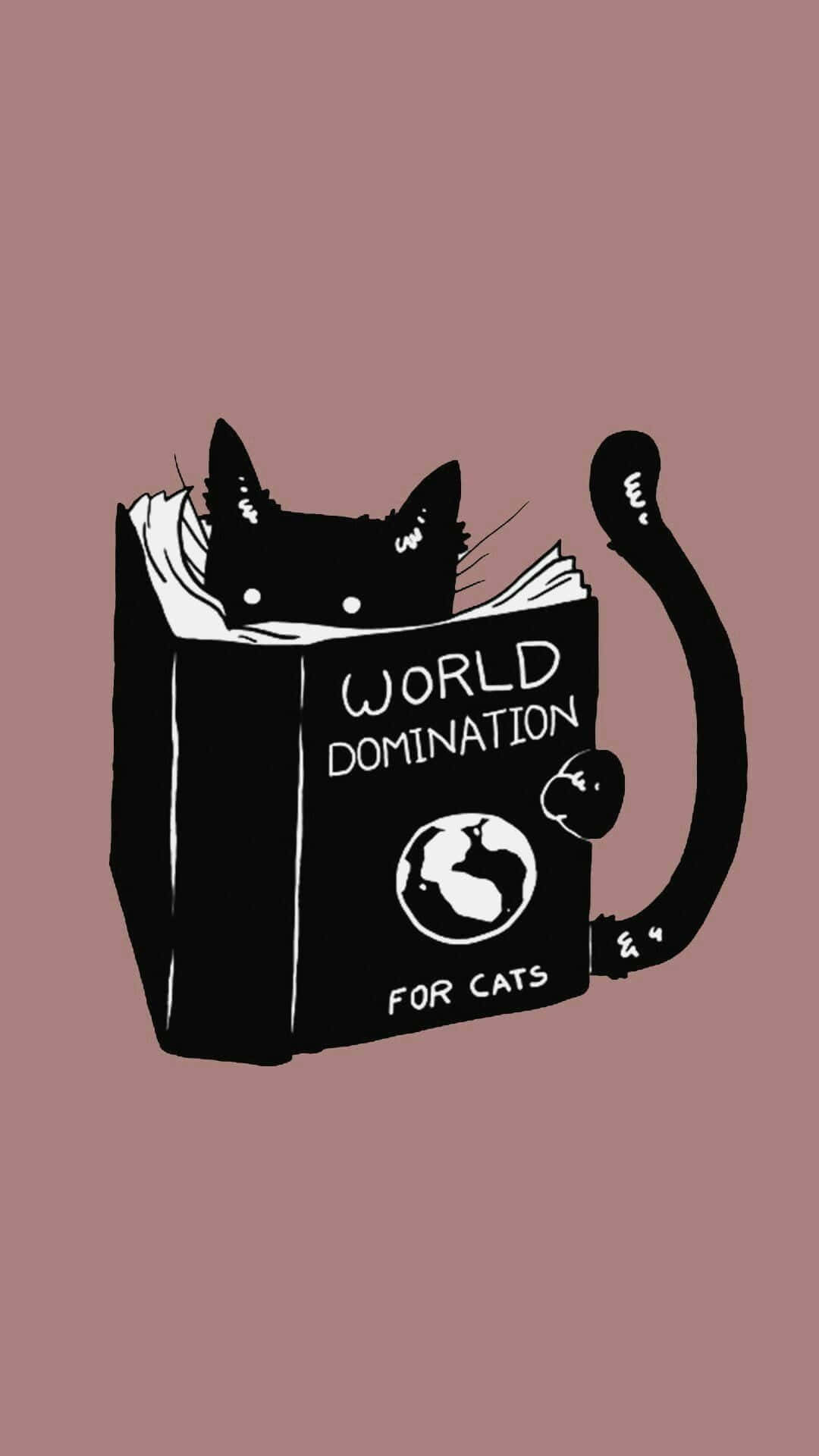 black cat, book titled 'World Domination for Cats', mauve background, Full HD Phone Wallpaper