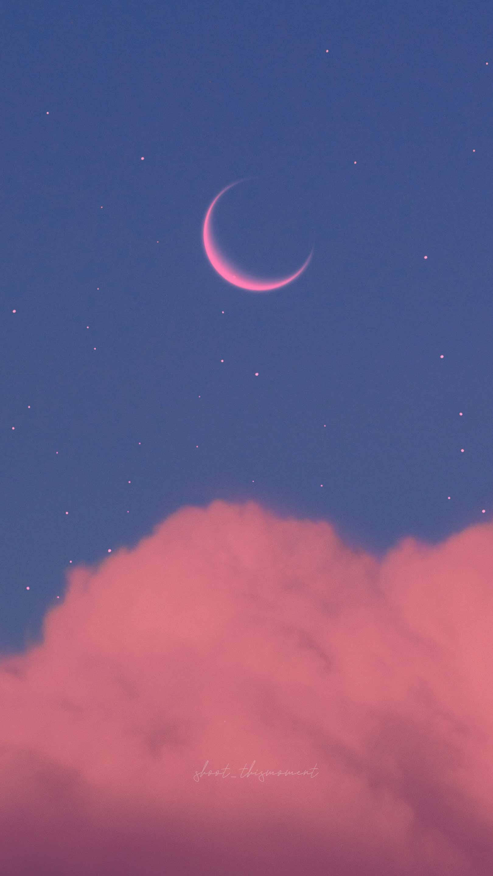 pink crescent moon, soft pink clouds, deep blue starry night sky, 2K Phone Wallpaper