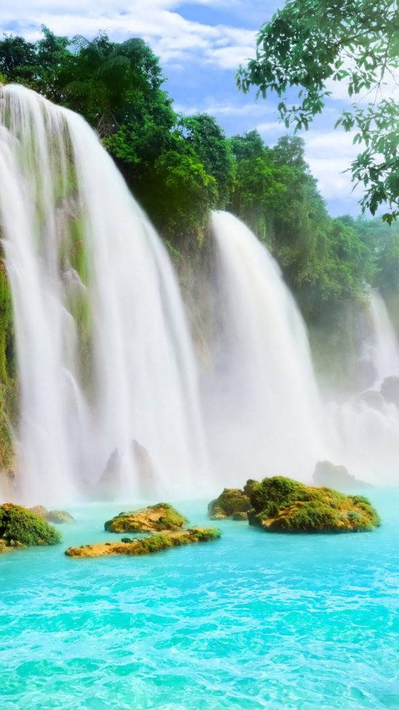 waterfall, turquoise pool, lush green jungle, SD Phone Wallpaper