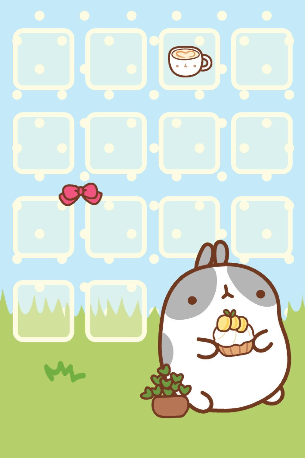 kawaii white bunny, cupcake, potted plant, Full HD Phone Wallpaper