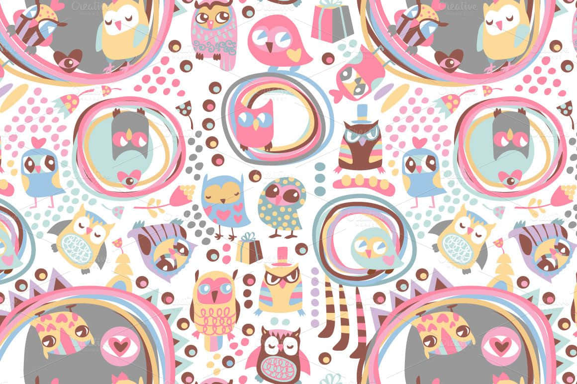 Tumblr Pattern, colorful cartoon owls, circular frames, SD Desktop Wallpaper