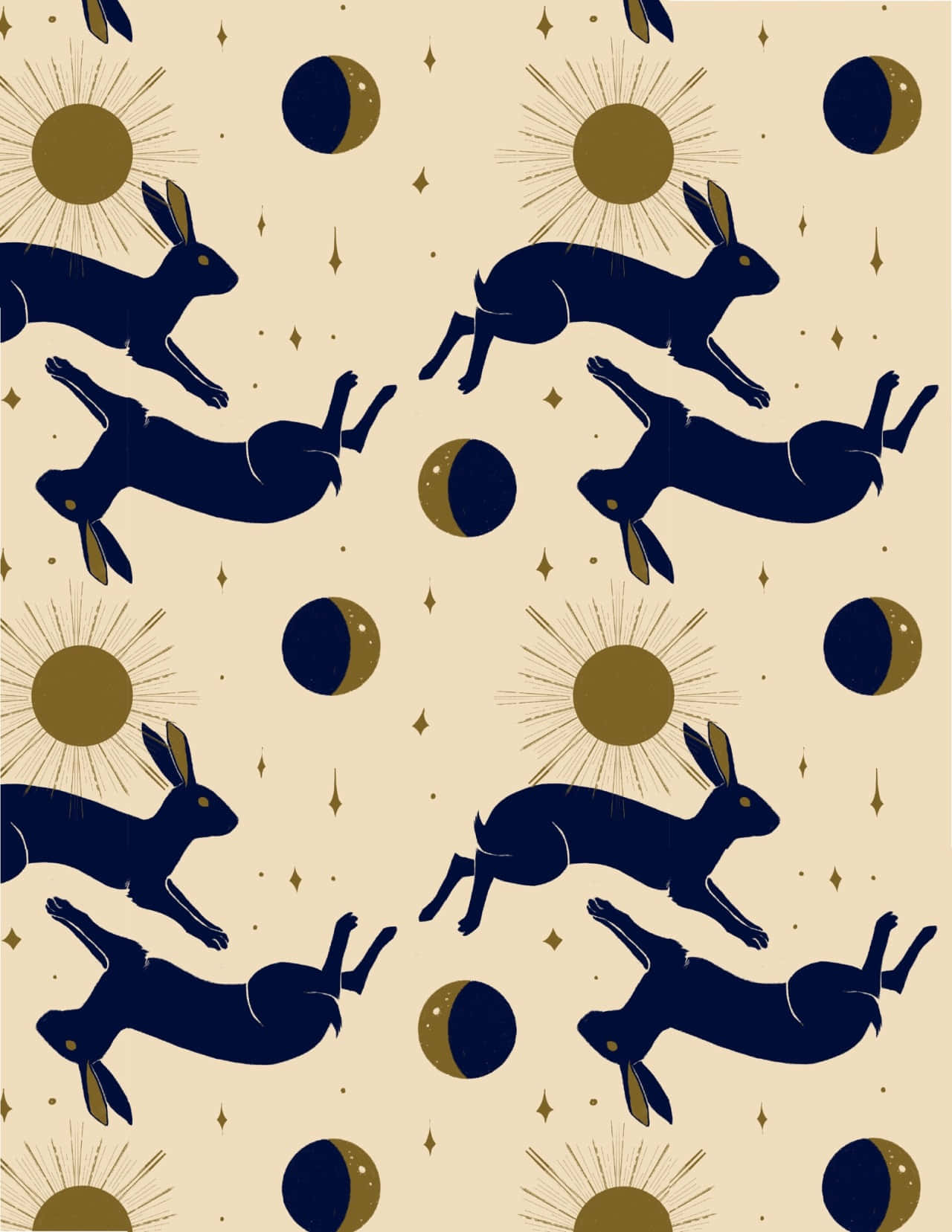 navy and white patterned wallpaper, dark blue rabbits, beige backdrop, HD Phone Wallpaper