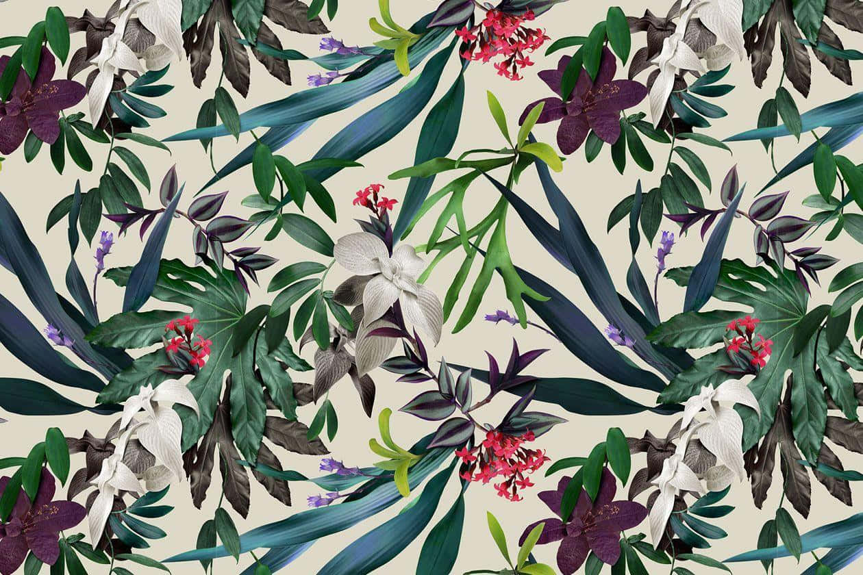 tropical floral pattern, deep green leaves, purple flowers, SD Desktop Wallpaper