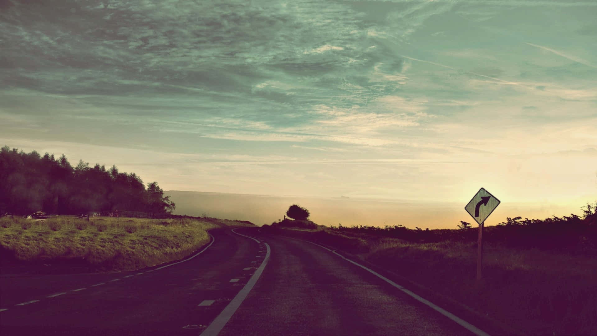 winding rural road, distant horizon, soft pastel sky, Full HD Desktop Wallpaper