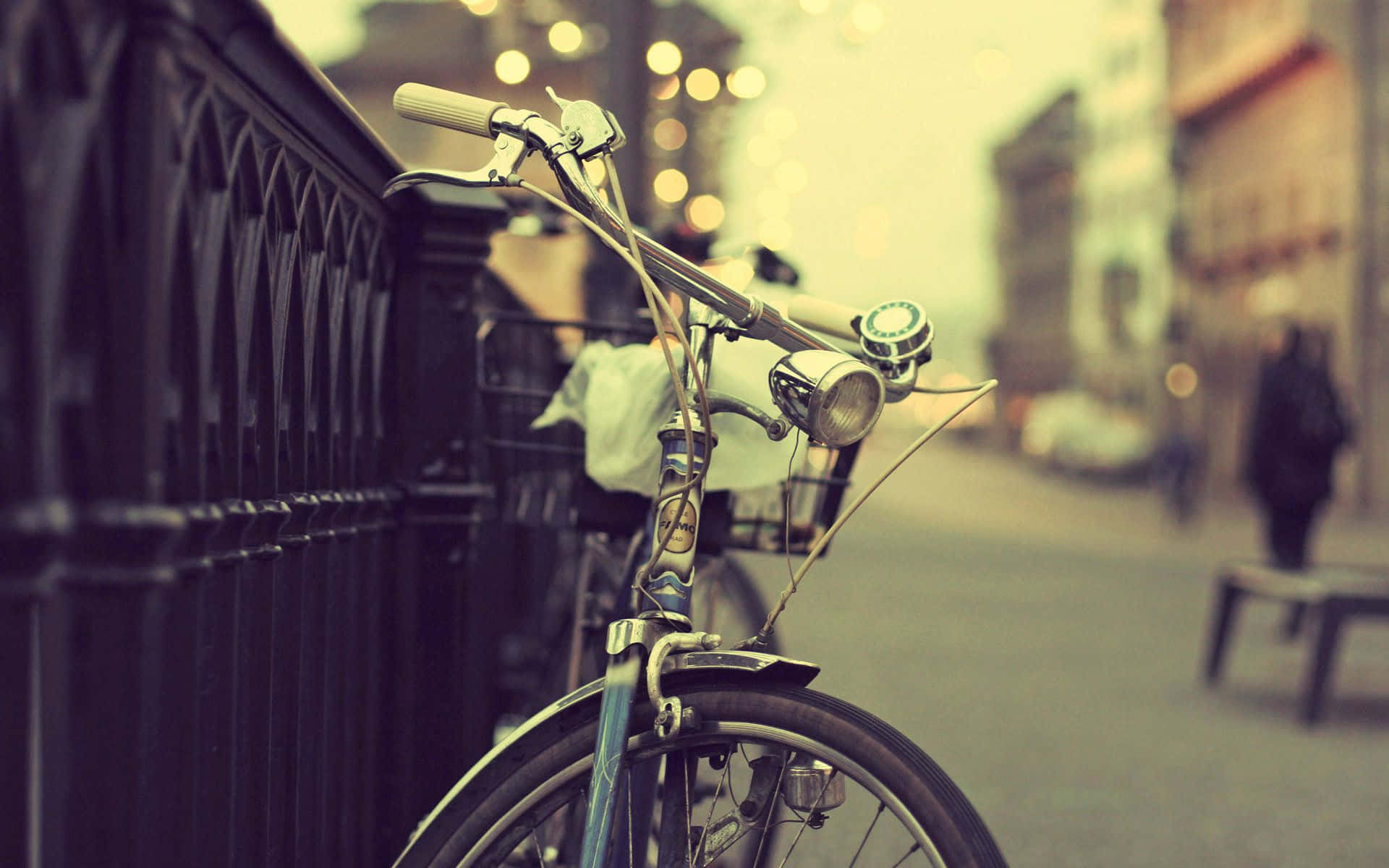 vintage bicycle, basket, ornate black railing, Full HD Desktop Wallpaper