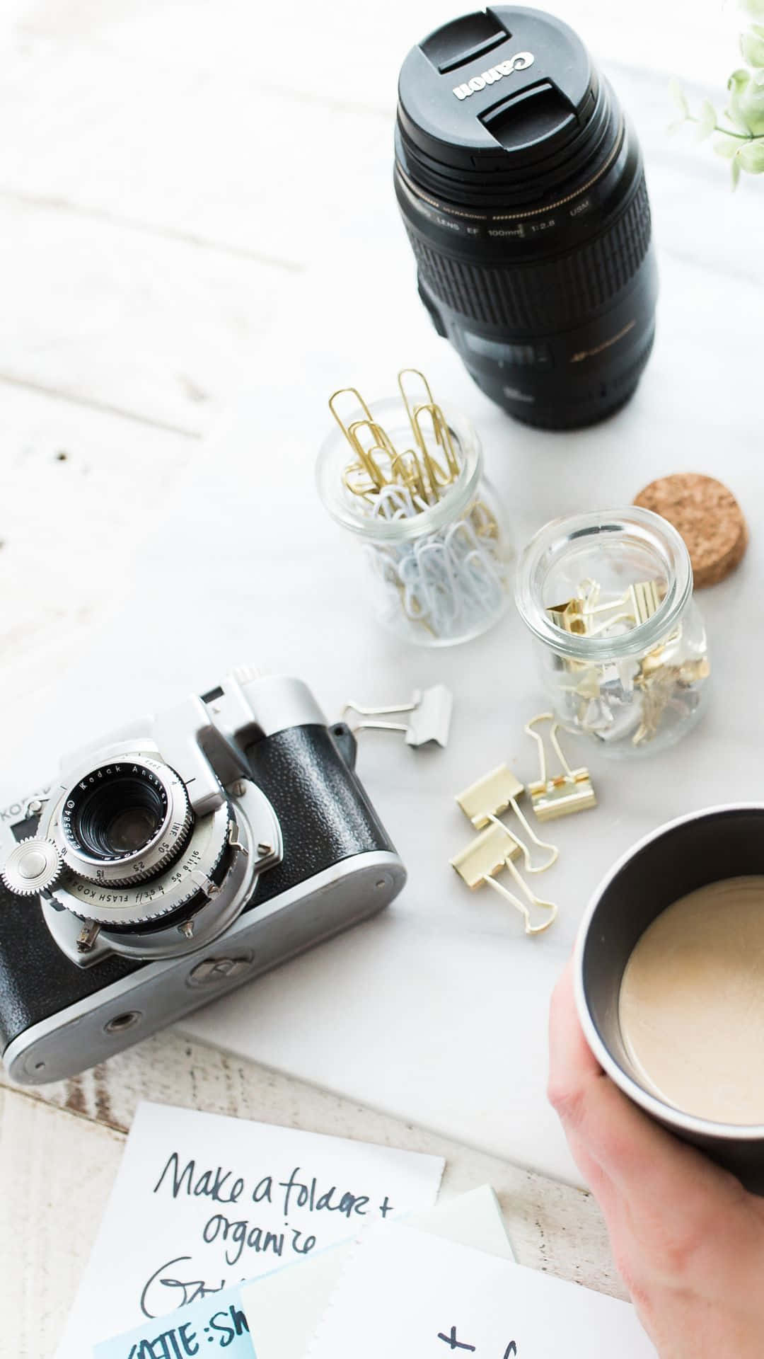 vintage camera, gold paper clips, white wooden desk, Full HD Phone Wallpaper