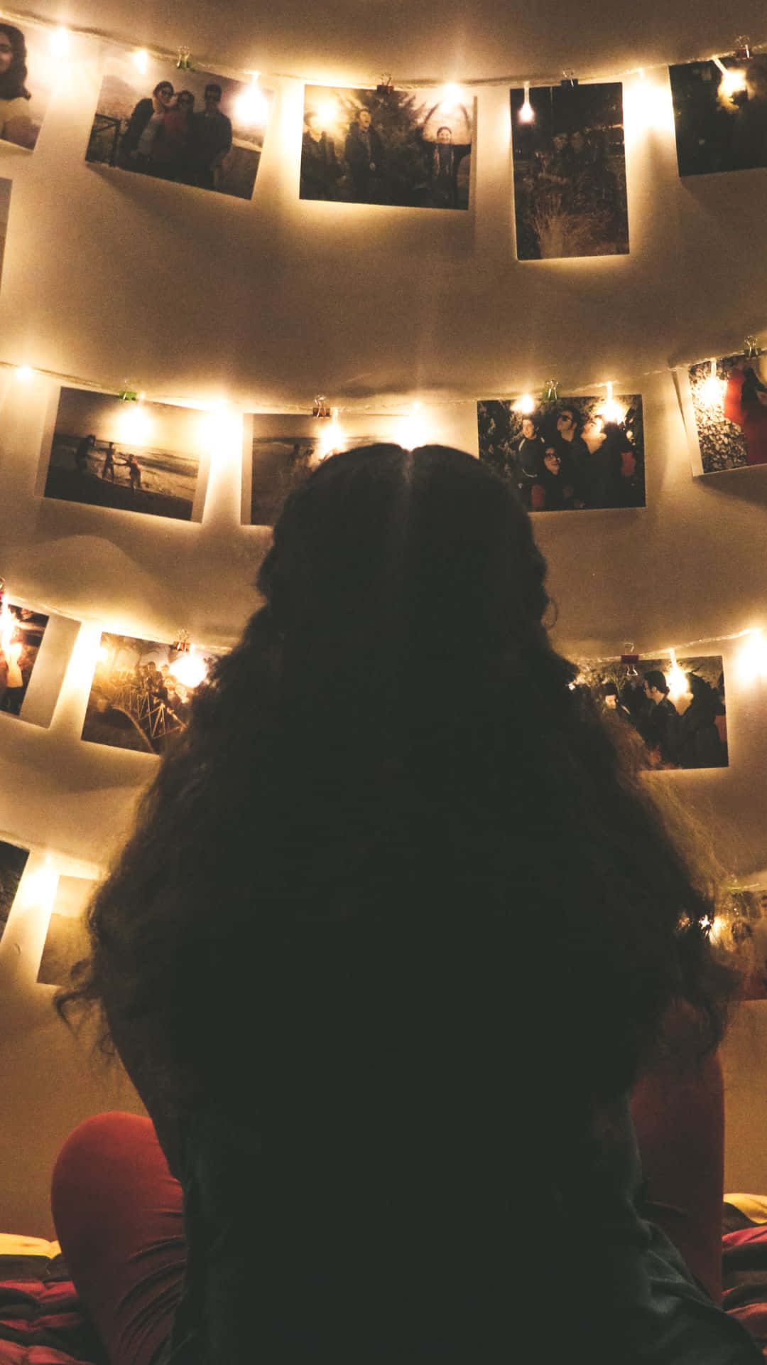 long dark hair, bed, string lights, Full HD Phone Wallpaper