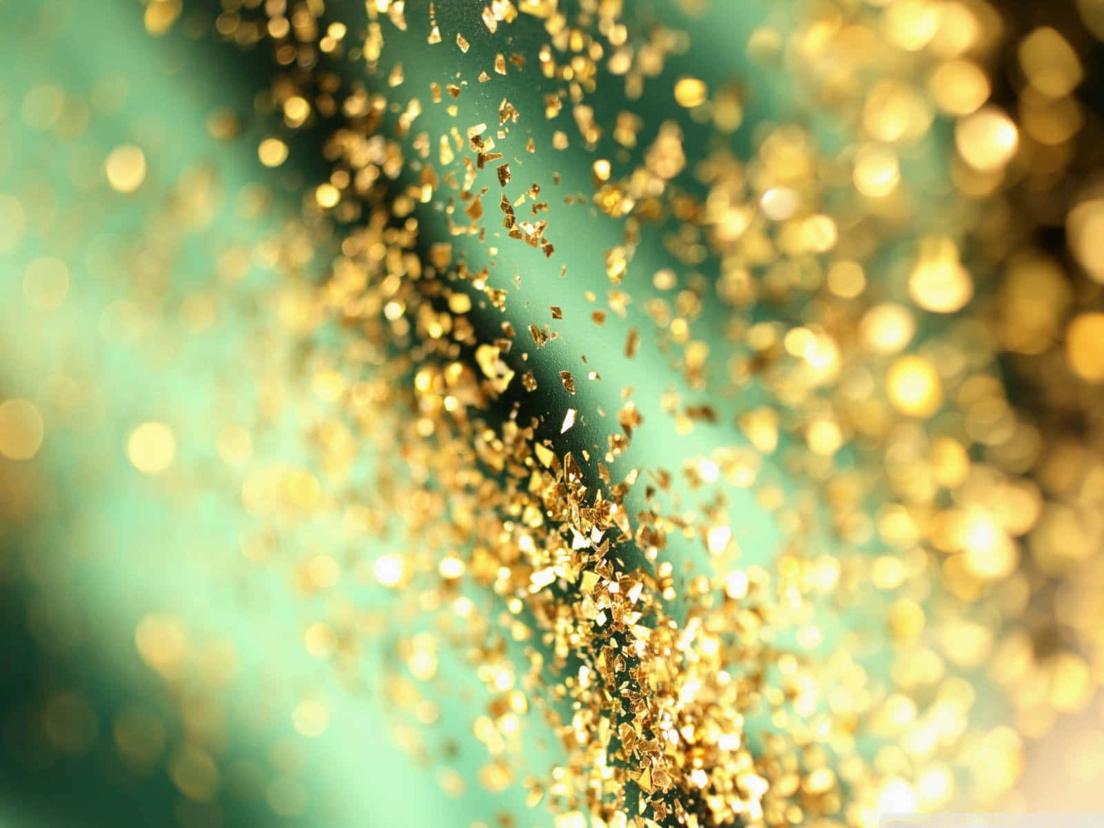 golden glitter particles, soft teal bokeh background, shallow depth of field, HD Desktop Wallpaper