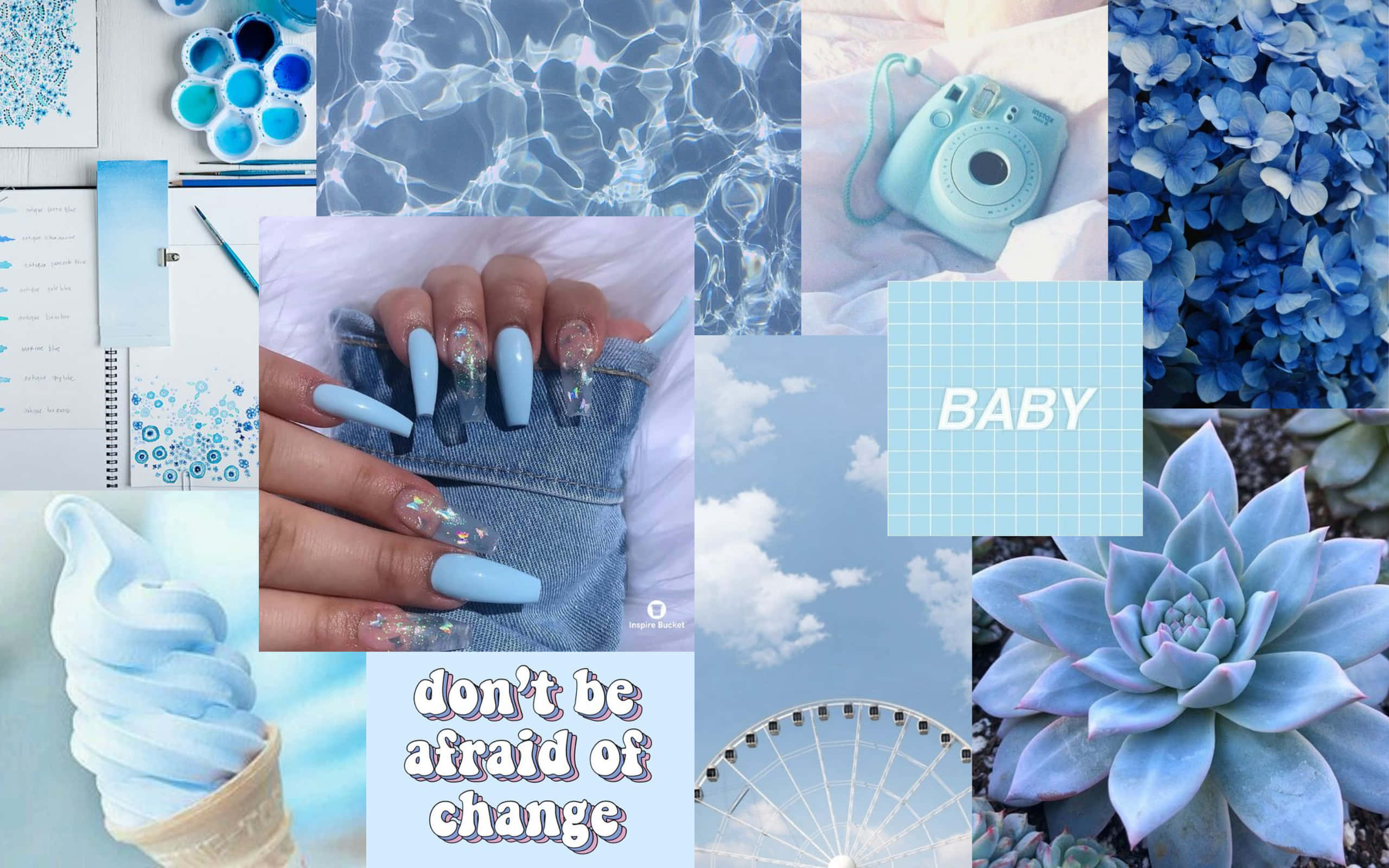 pastel blue aesthetic, hydrangeas, pool water, 2K Desktop Wallpaper