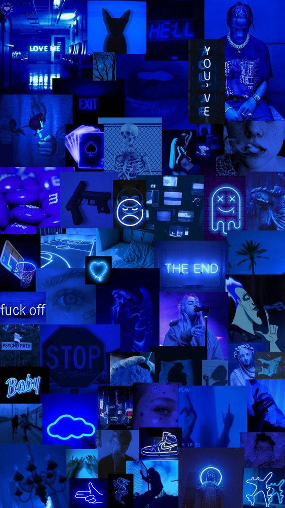 dark blue, neon, skulls, SD Phone Wallpaper