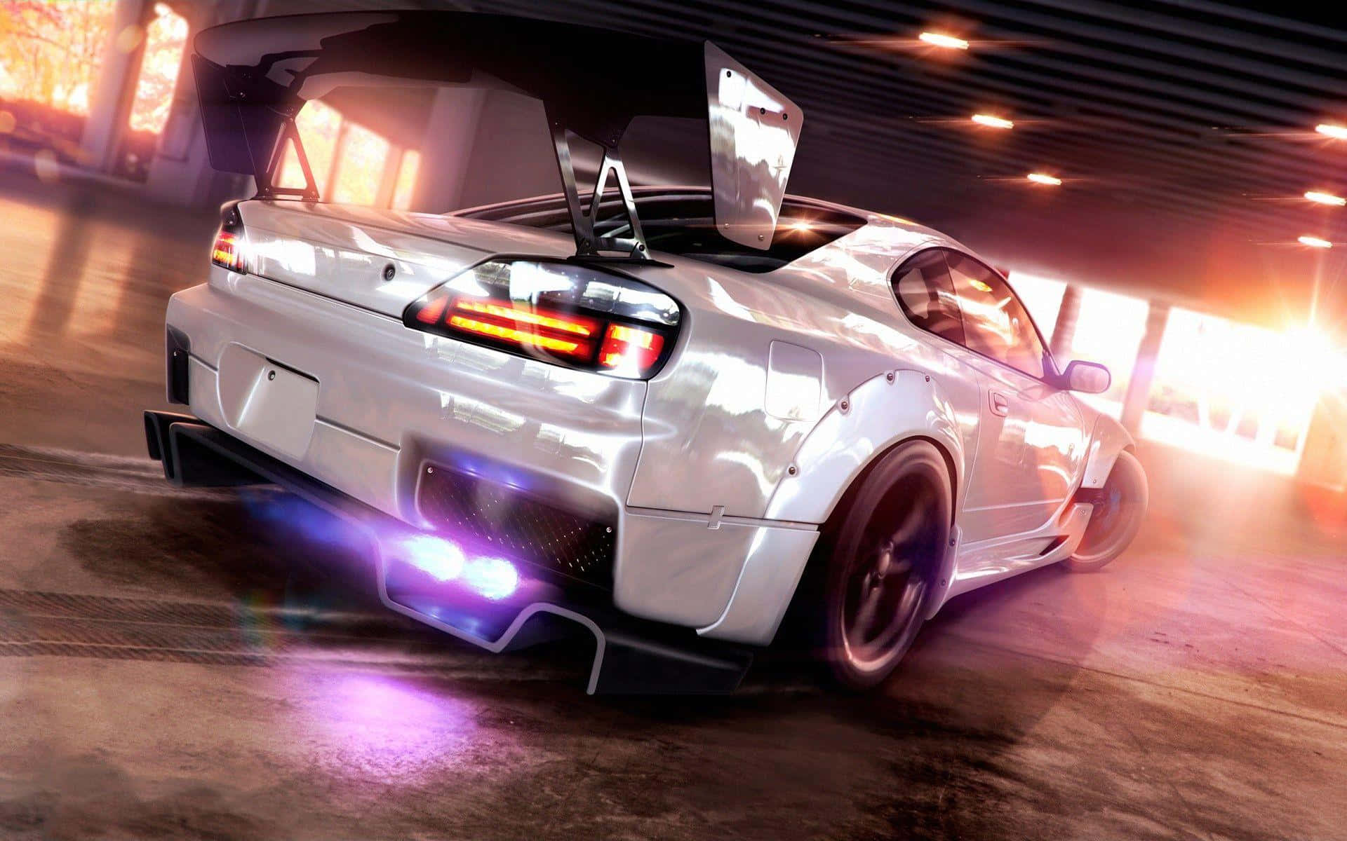 white drift car, glowing purple exhaust, orange taillights, Full HD Desktop Wallpaper