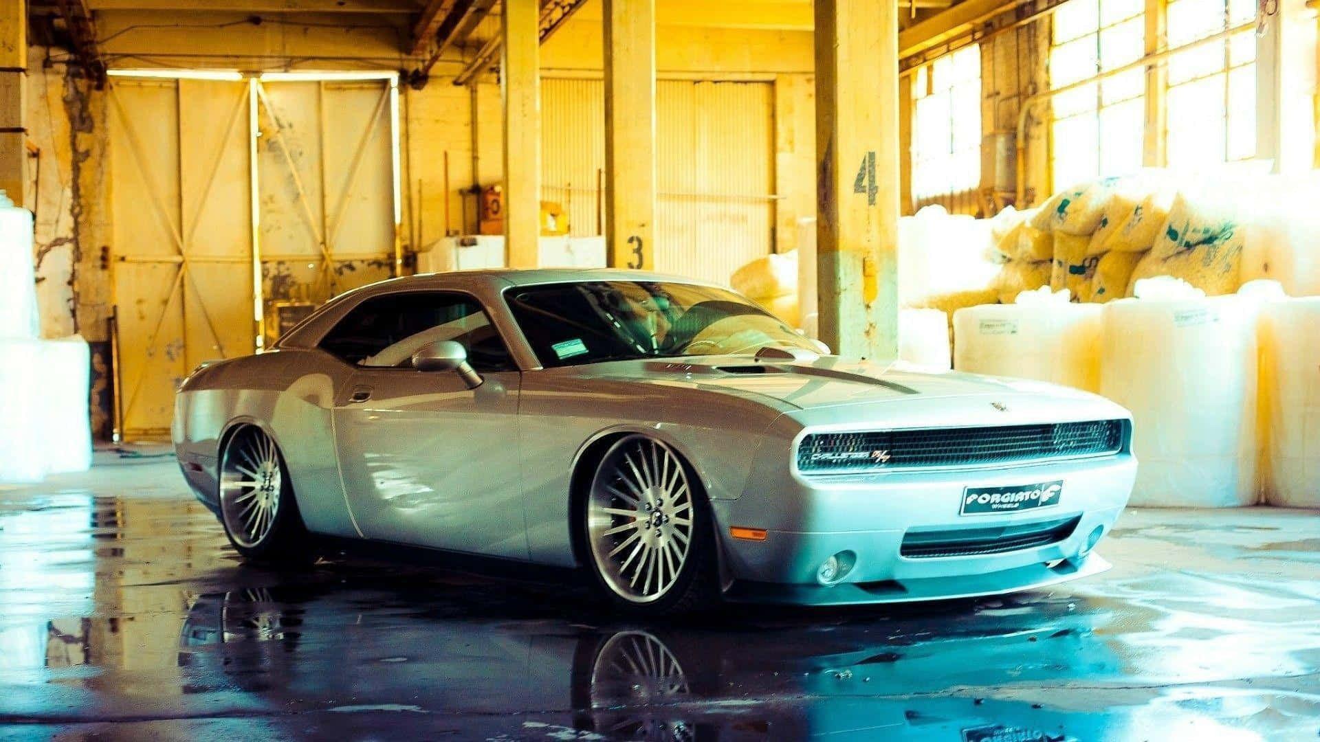 silver muscle car, golden light, wet industrial warehouse, Full HD Desktop Wallpaper