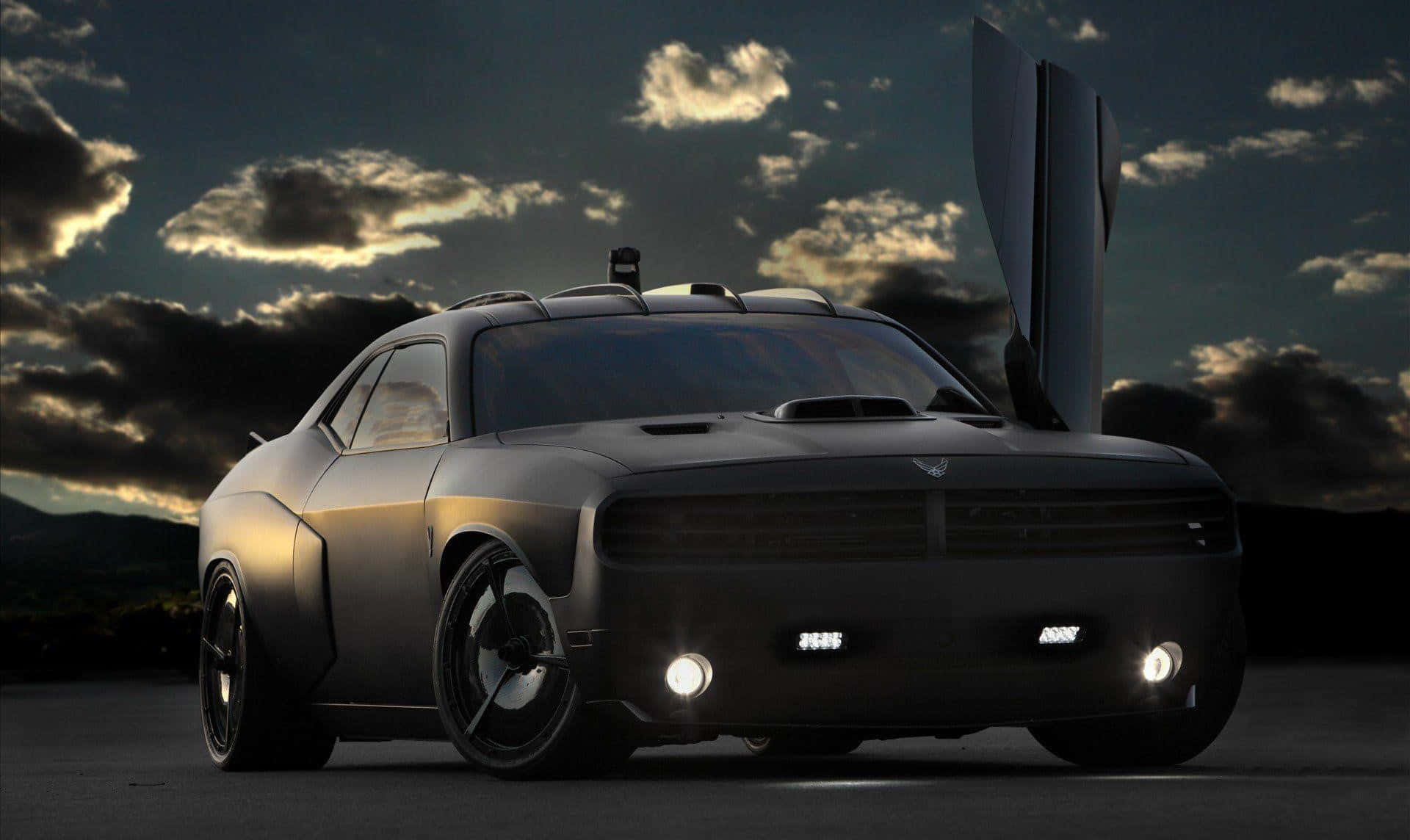 matte black, futuristic muscle car, scissor doors, Full HD Desktop Wallpaper