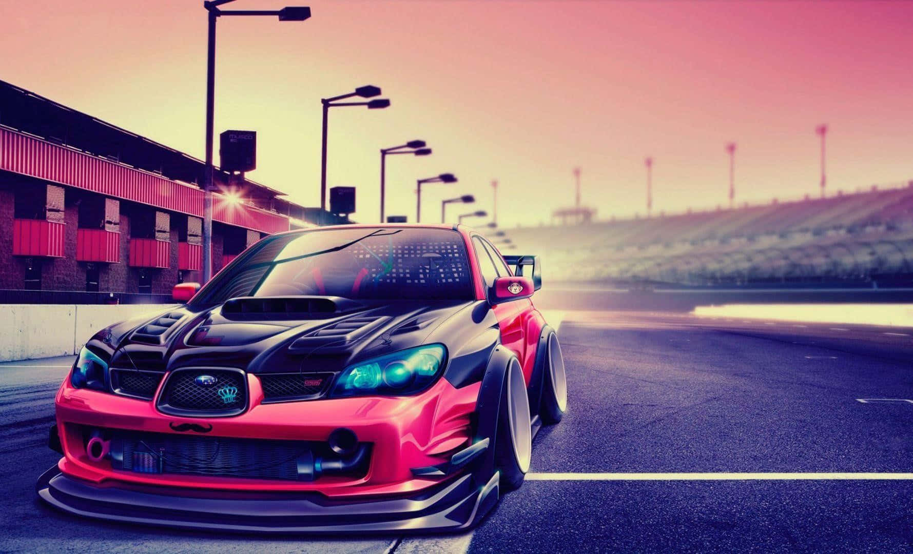 red and black drift car, glowing headlights, track at sunset, HD Desktop Wallpaper
