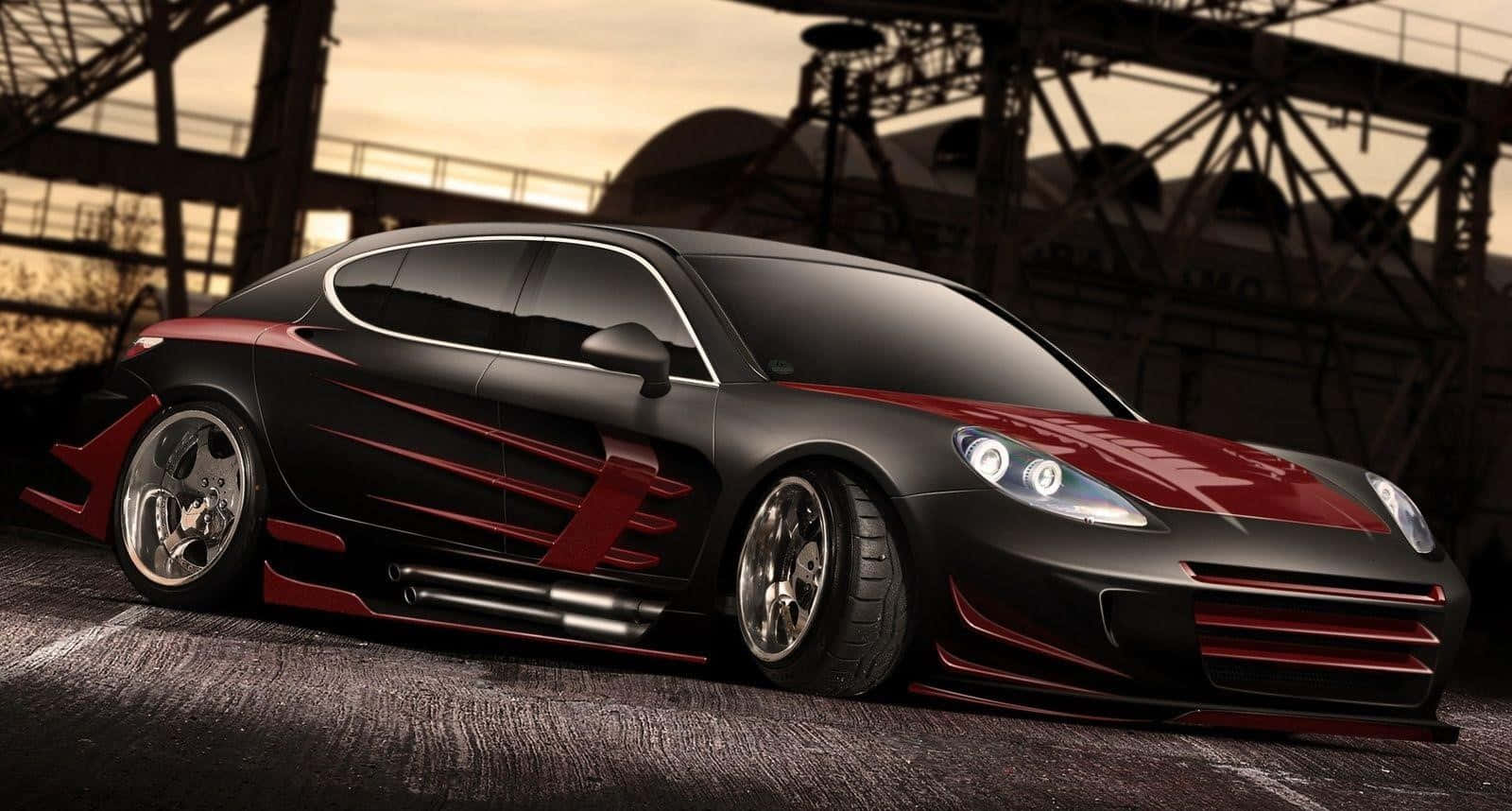 sleek black and red modified sports car, custom wheels, aggressive styling, HD Desktop Wallpaper
