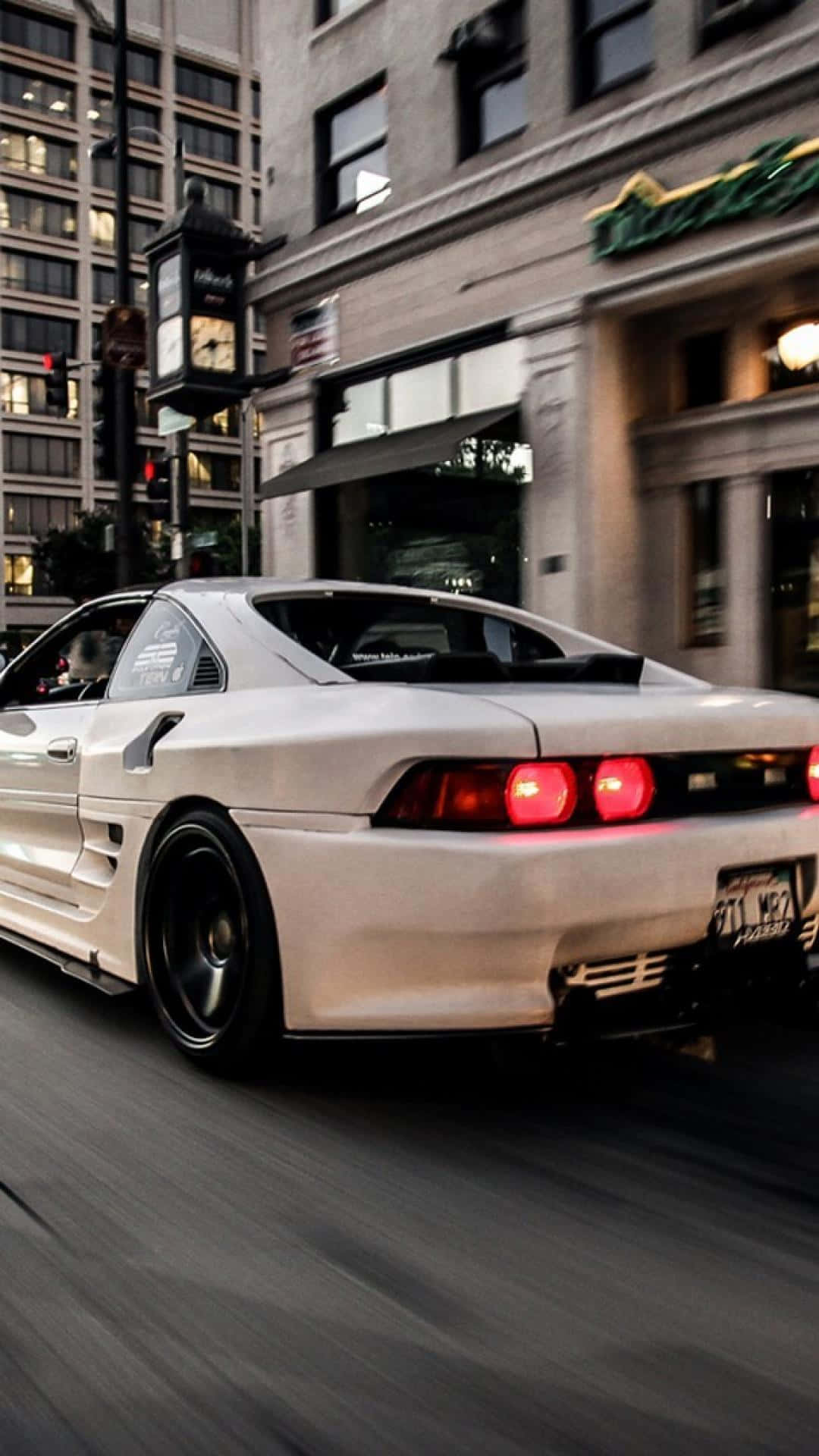 white sports car, city street, dusk, Full HD Phone Wallpaper