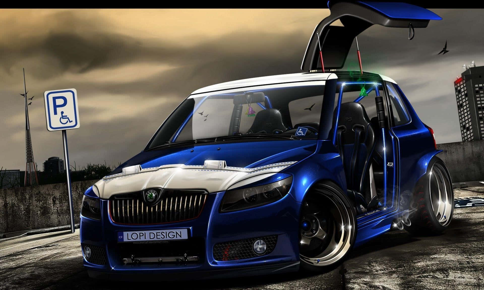 Sleek Black Tuned Sports Car, blue and white sports car, open doors, Full HD Desktop Wallpaper