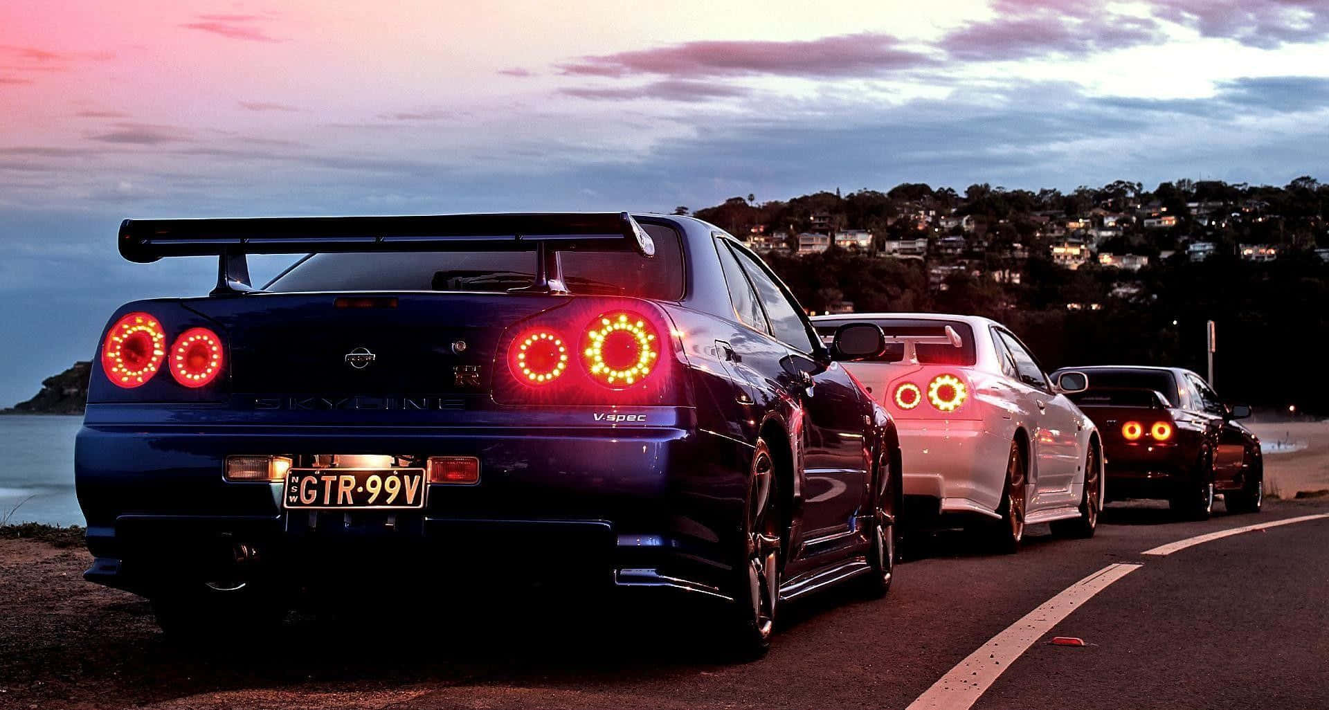 Stunning Blue Tuned Car, coastal road, dusk, Full HD Desktop Wallpaper