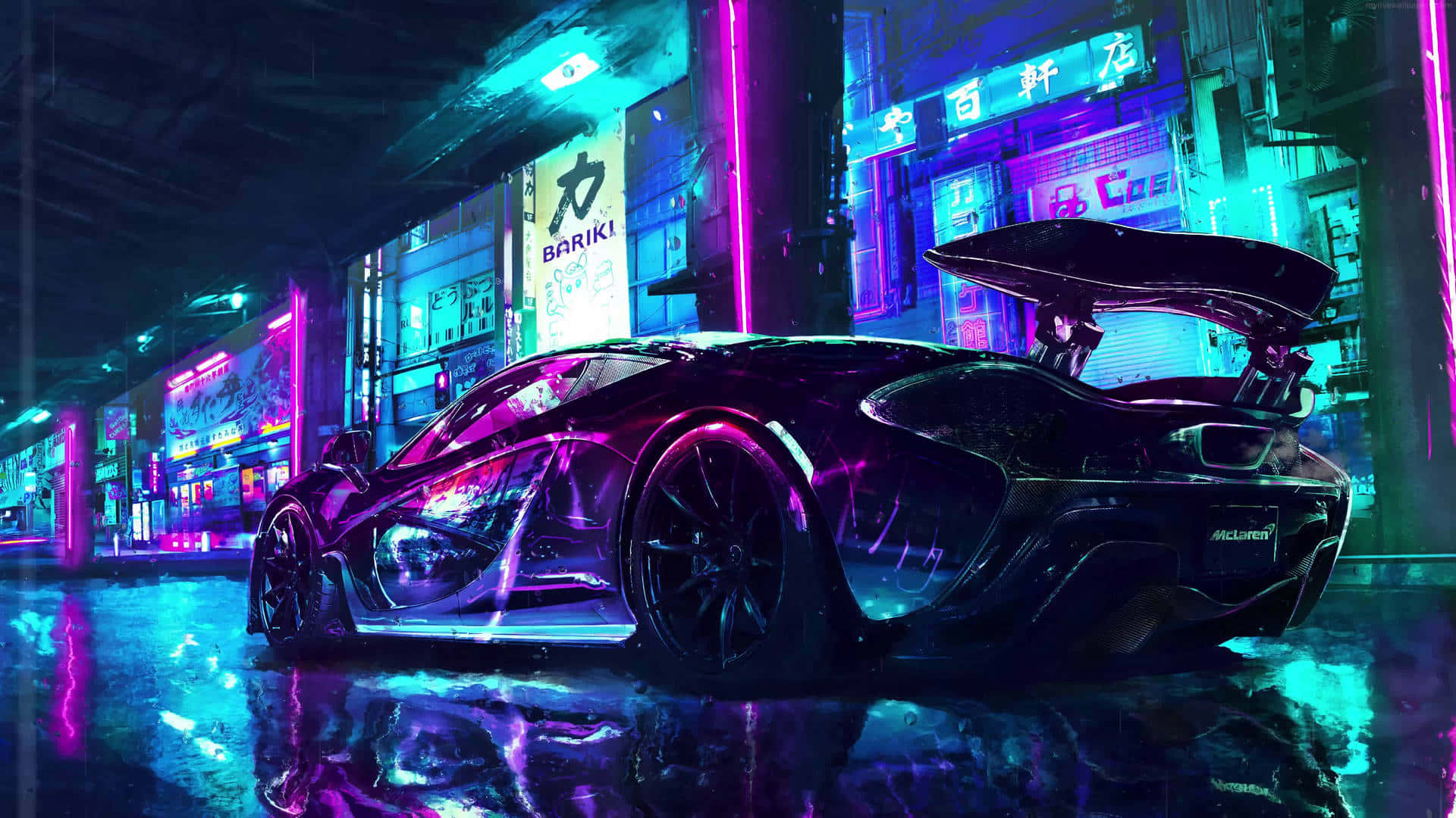 sports car, black, neon lights, Full HD Desktop Wallpaper