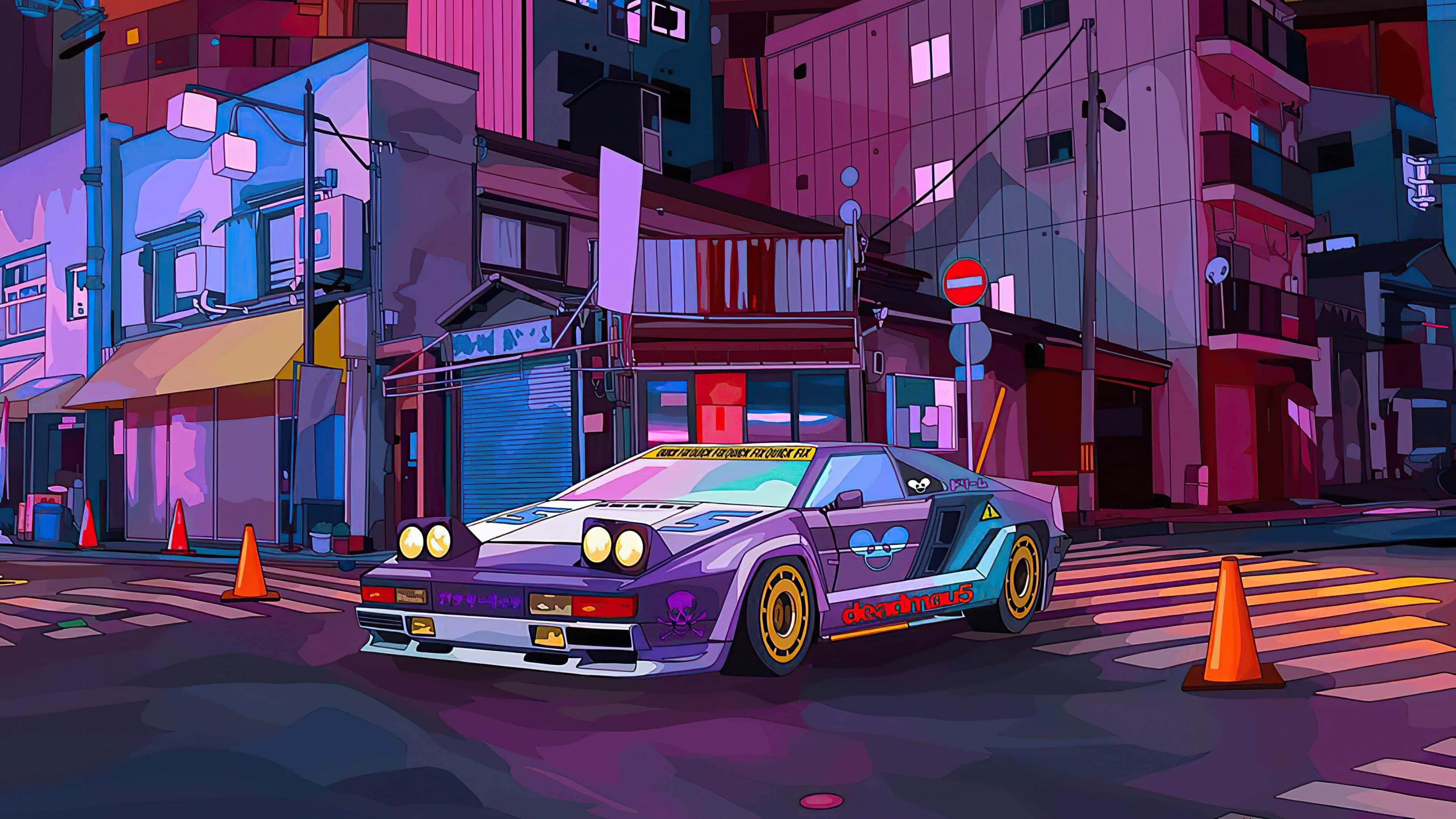 neon-drenched urban street, night, tall buildings, 4K Desktop Wallpaper