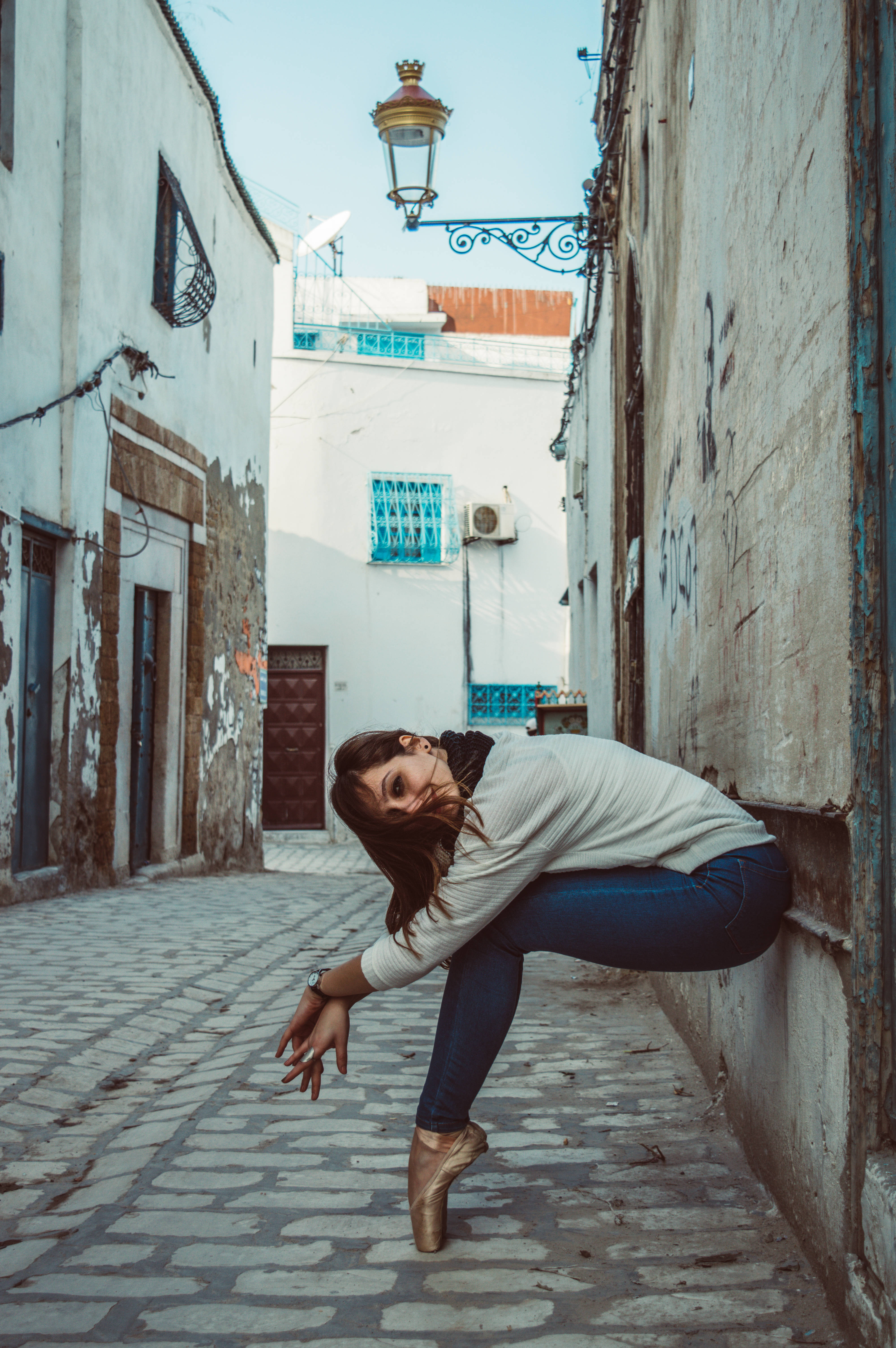 Tunisia, cobblestone alleyway, pointe shoes, 5K Phone Wallpaper