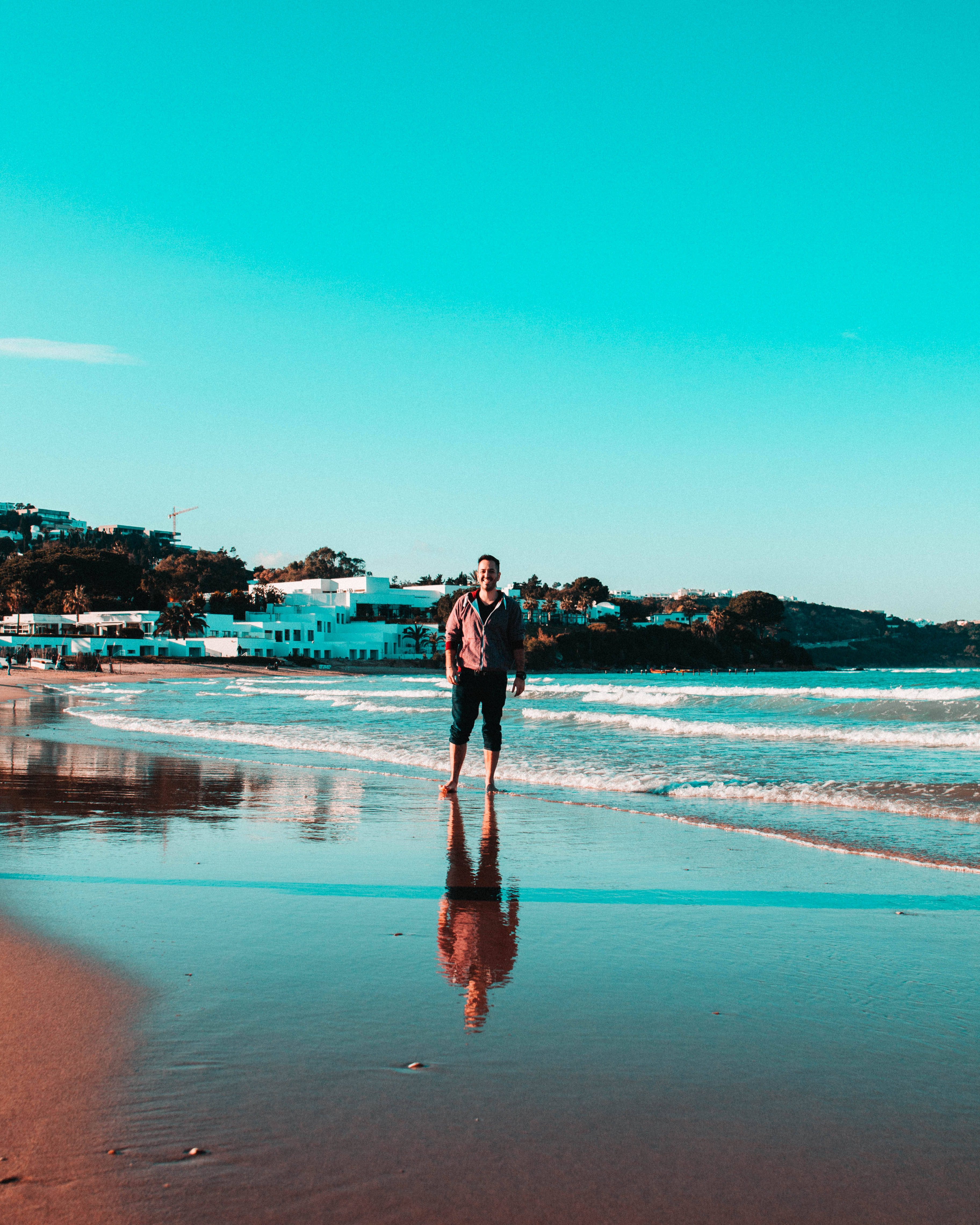 Tunisia, sandy beach, shallow ocean water, 4K Phone Wallpaper