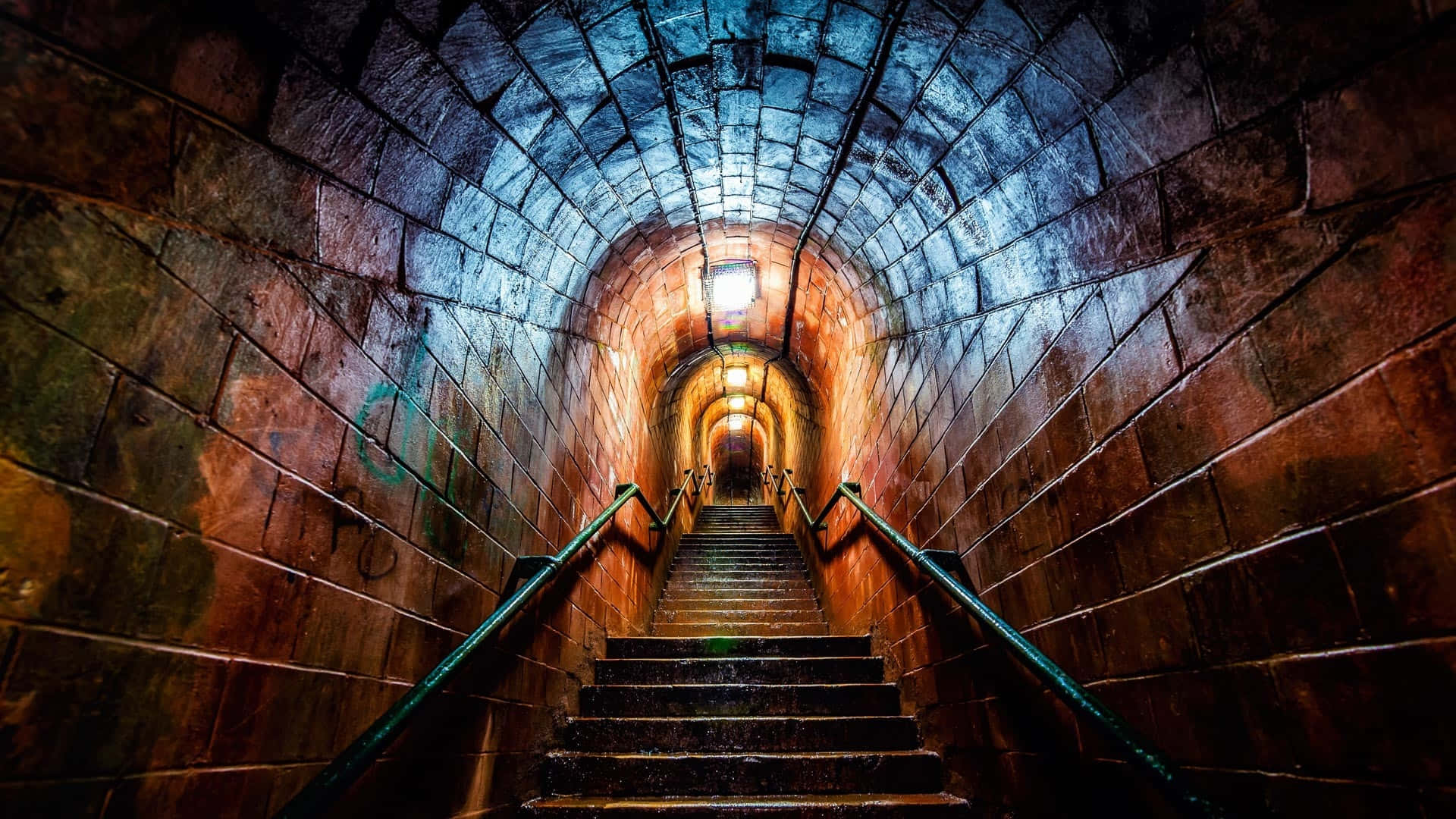 illuminated stone tunnel staircase, narrow stone tunnel, arched ceiling, Full HD Desktop Wallpaper