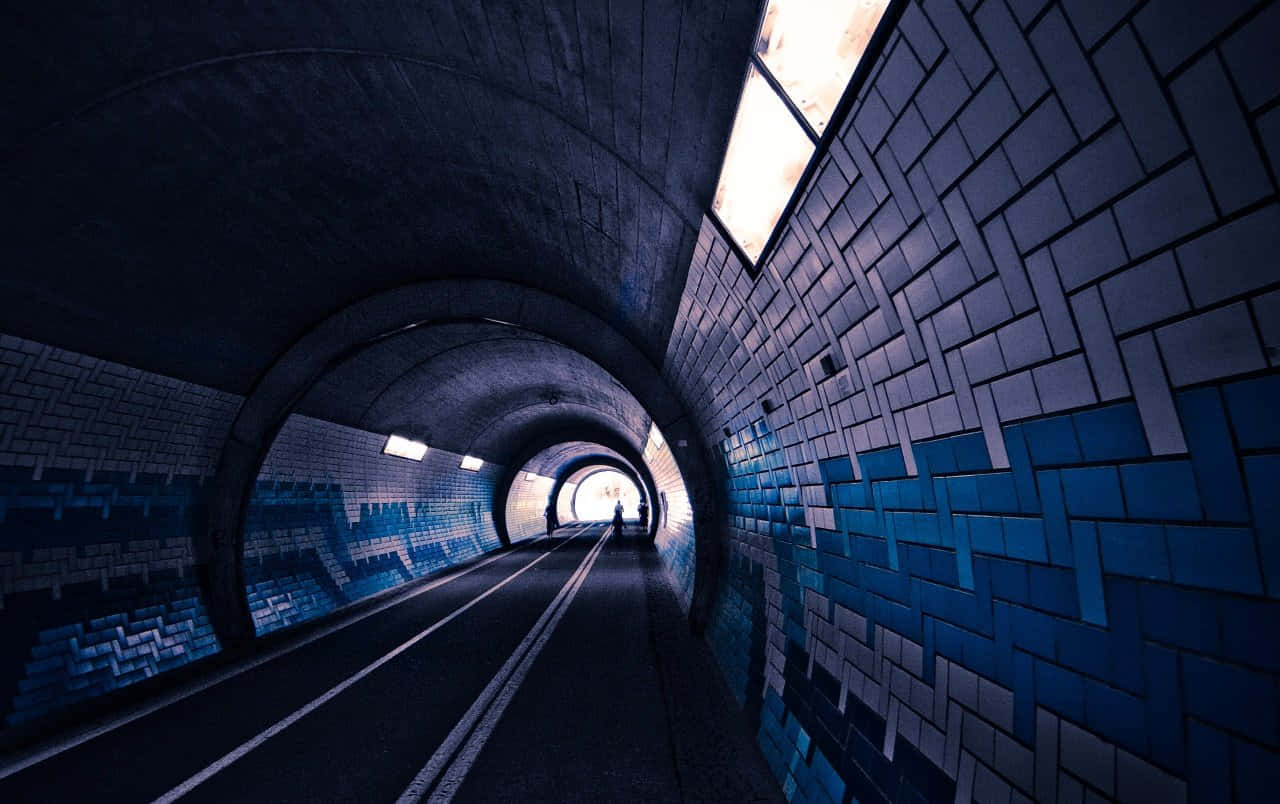 futuristic blue tunnel, concrete tunnel, blue tiled walls, HD Desktop Wallpaper