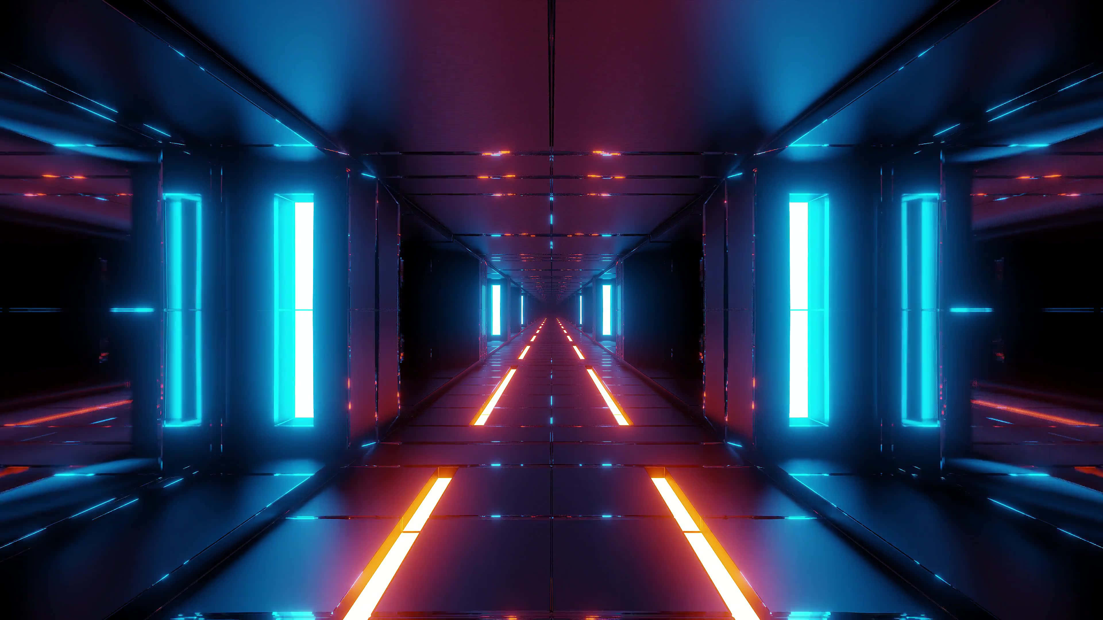 futuristic sci fi tunnel lights, neon-lit corridor, blue and orange glowing panels, 4K Desktop Wallpaper