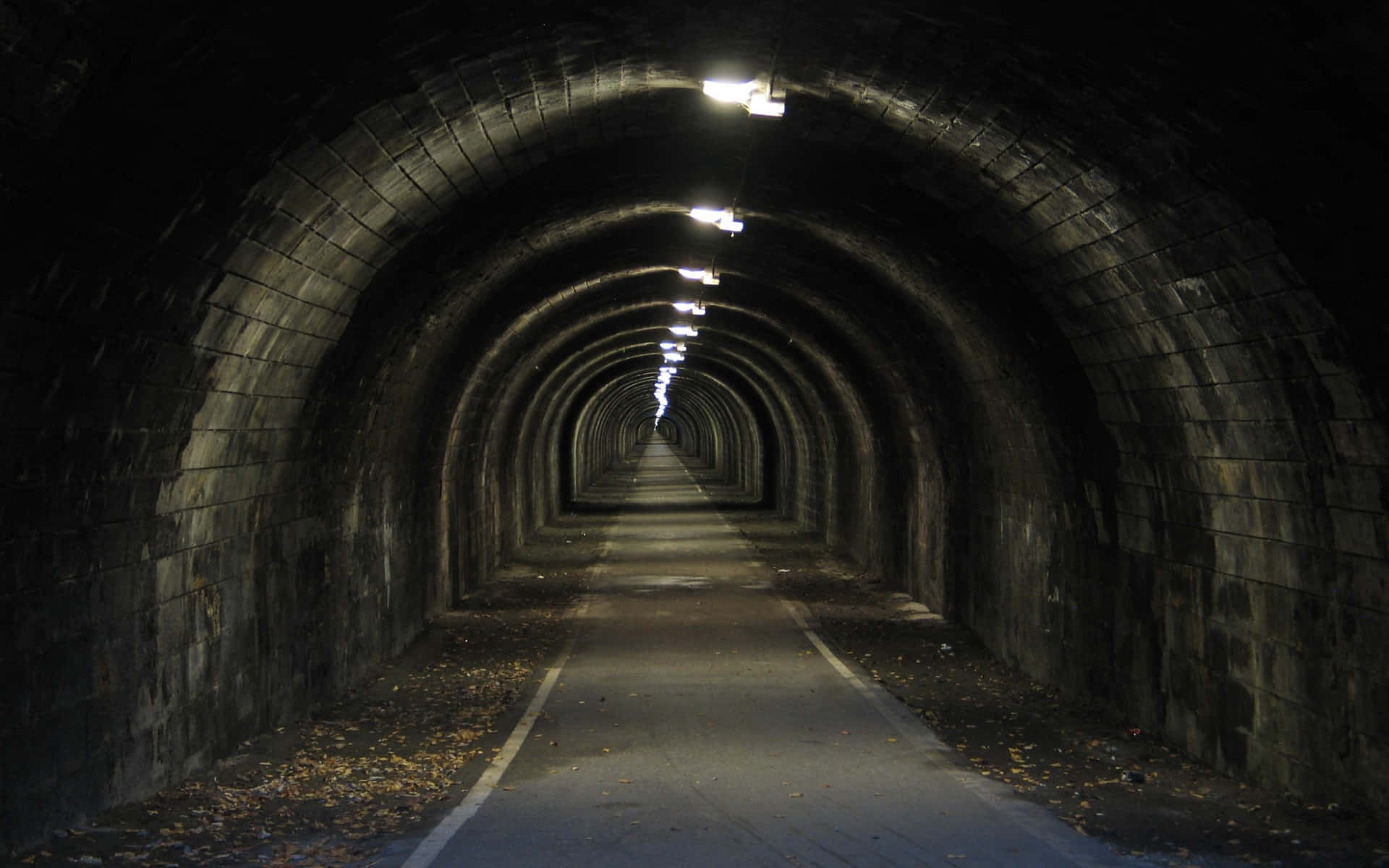 illuminated stone tunnel, arched ceilings, spaced lights, Full HD Desktop Wallpaper